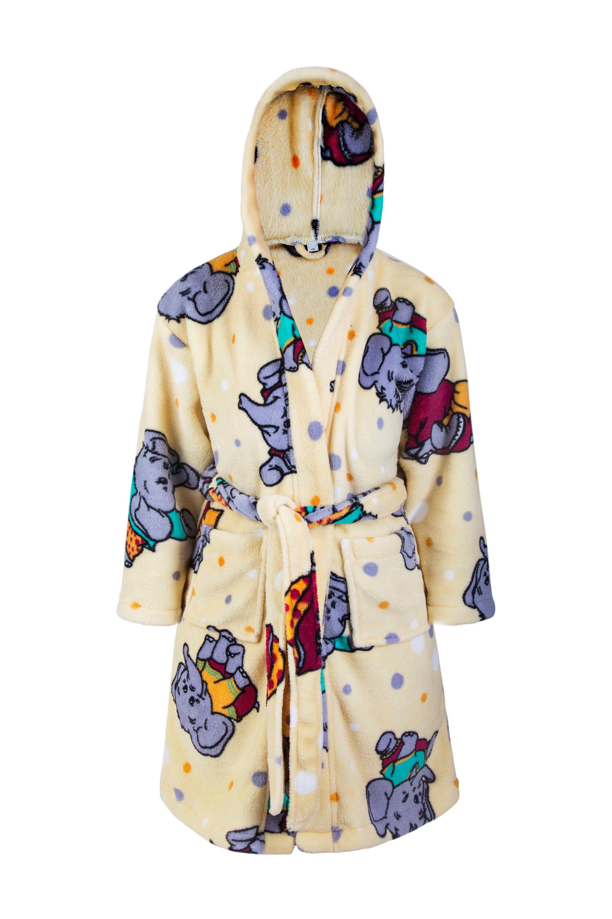 Clinotest Kinderbademantel aus Fleece mit Kapuze – Flauschiger Bademantel für Kinder, Kapuze, Gürtel, weich und warm mit süßem Elefantenmotiv, ideal für Jungen und Mädchen