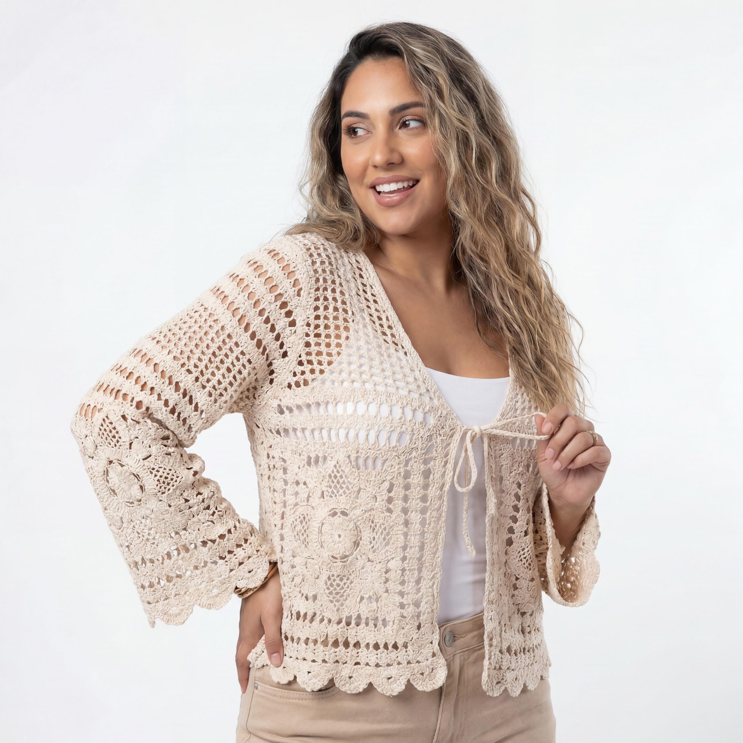 Strickjacke Cardigan leichte Sommerjacken Damen mit Schnürung Häkeljacke