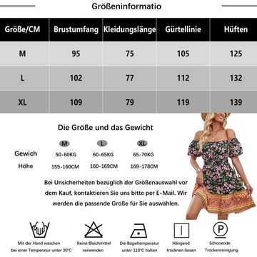 B.X Druckkleid Damen Schulterfreies mit Boho-Blumendruck Kurzkleid Sommerkleid Sommer lässige Mode sexy A-Linien 2-in-1-Kleid Off-Shoulder-Kleid