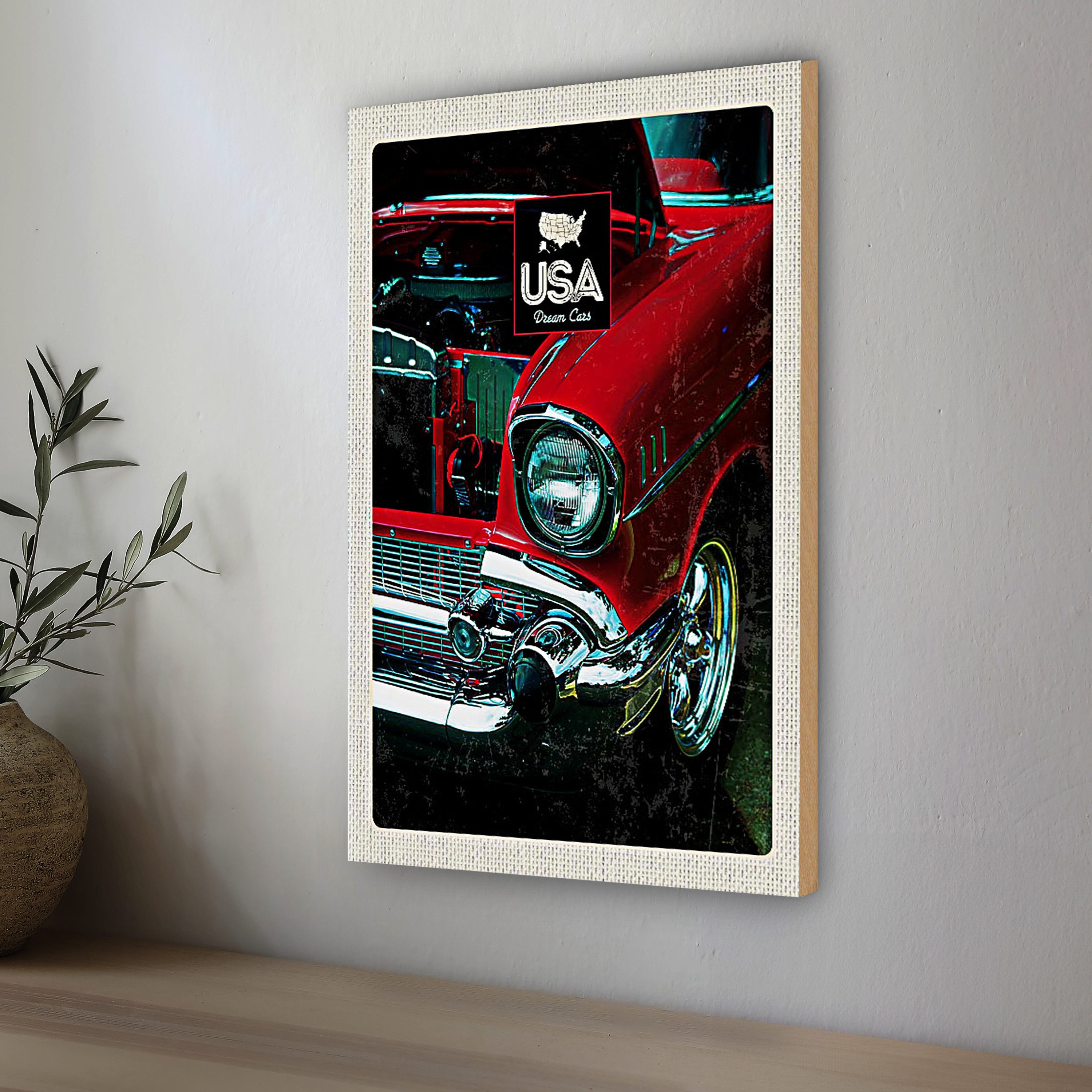 Roomando Holzbild Reise 12x18cm Amerika Oldtimer 90er rot Urlaub