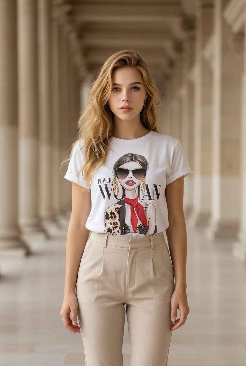 Zuckerwatte Print-Shirt Rundhalsshirt, modischer Frontprint "Paris Woman", aus 100% Baumwolle