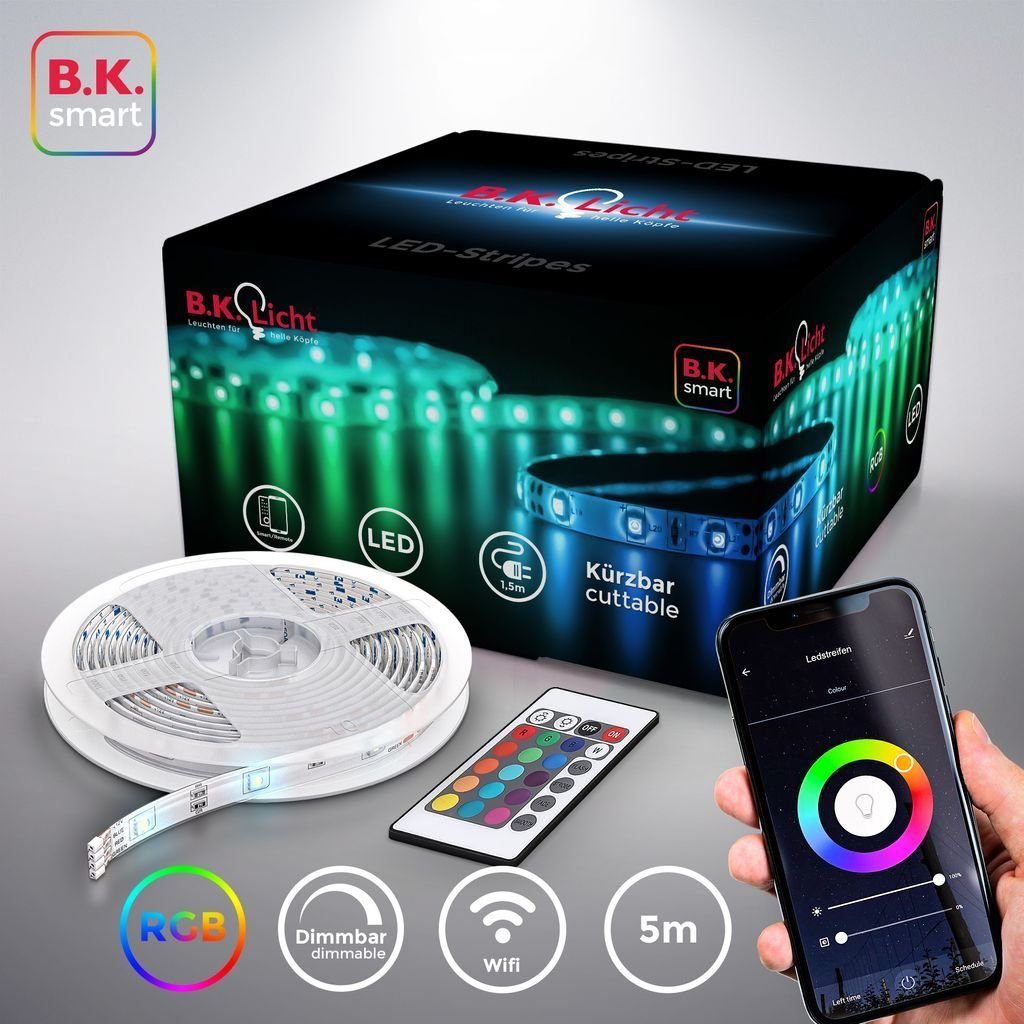 B.K.Licht Schrankleuchte Fernbedienung 5M LED WiFi integriert, Strip Selbstklebend fest LED Smart LED - 2,4 GHz BKL1243, App Sprachsteuerung Band