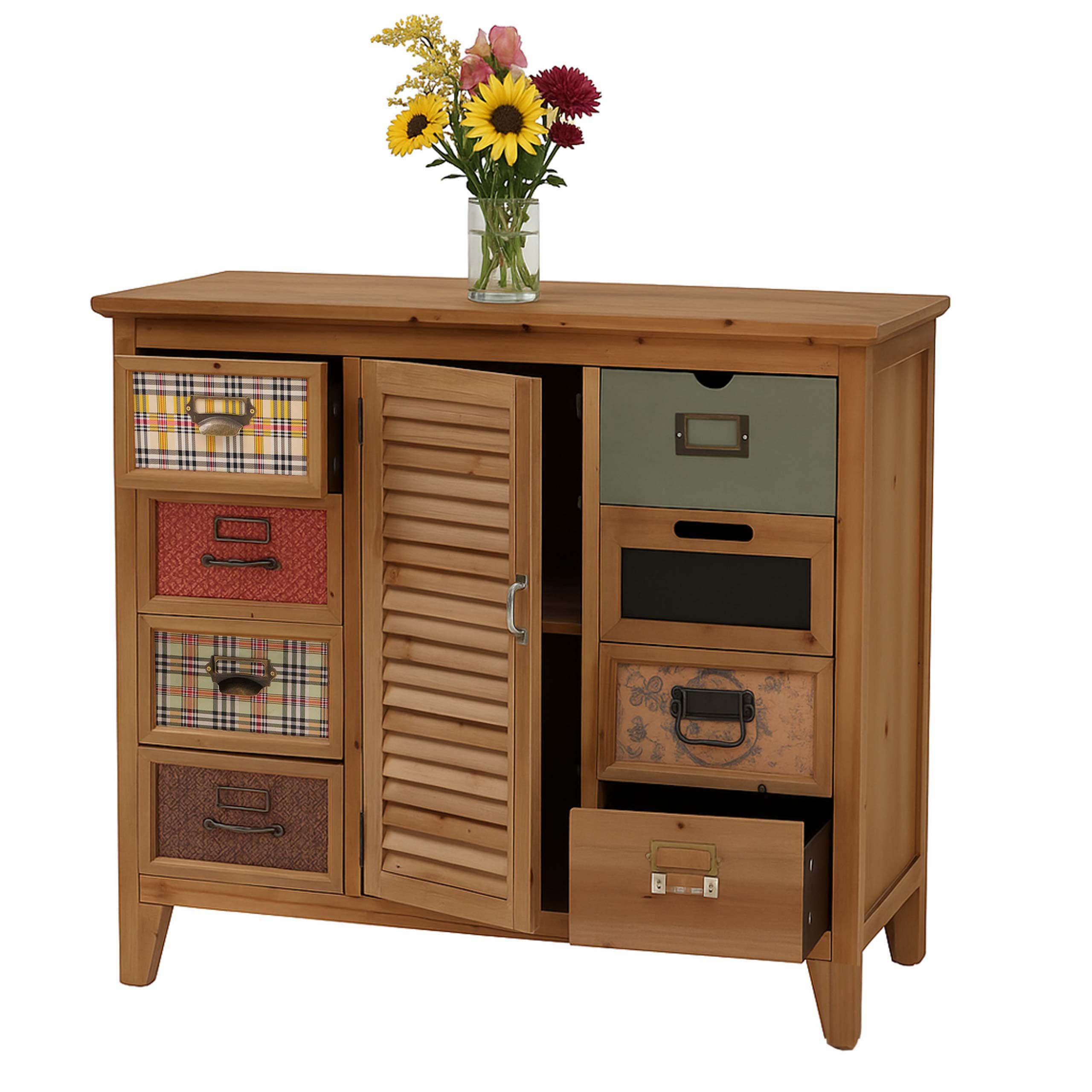 MCW Apothekerschrank MCW-O63-G Schubladenfronten im Mix aus Mustern und Farben mit Etikettenhaltern
