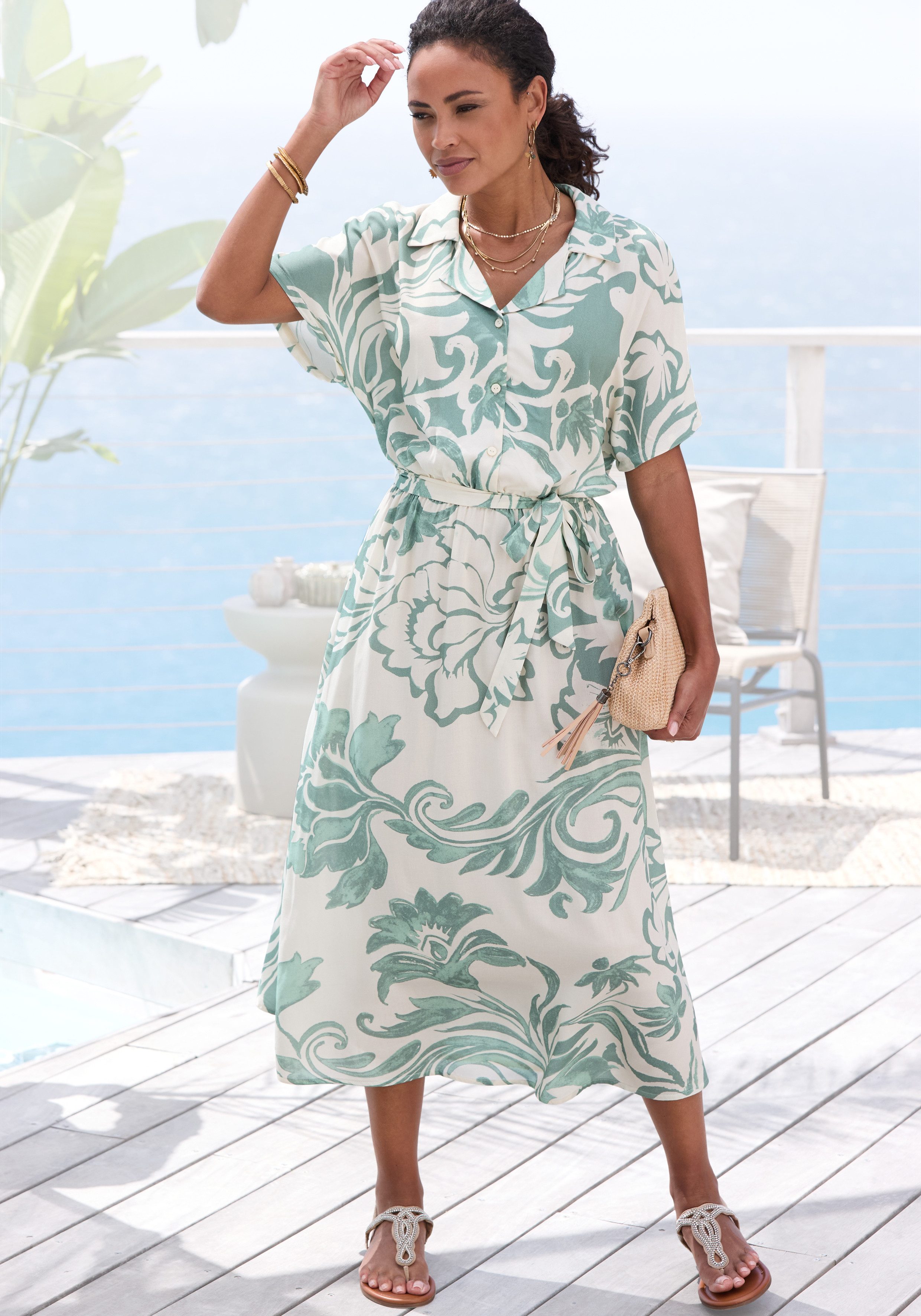 Vivance by Lascana Midikleid mit Alloverdruck aus gewebter Viskose (mit Bindegürtel), leichtes Sommerkleid, Webkleid mit kurzen Ärmeln, Hemdblusenkleid