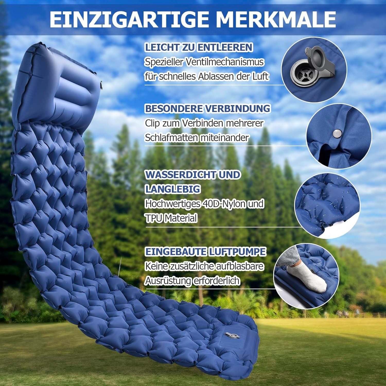BlingBin Isomatte Camping Matratze Selbstaufblasend, Outdoor Campingmatte mit Fußpumpe, (Ultraleicht Faltbare Feldbett mit Kissen, Wasserdicht Feuchtigkeitsdichte Schlafmatte, 1-tlg., 193x68x8cm, Isomatte aus 40D Nylon & TPU-Beschichtung), Rreißfeste Aufblasbare Luftmatratze für Wandern, Reisen, Blau