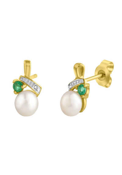 Firetti Perlenohrringe Schmuck Geschenk Gold 333 Ohrschmuck Perle, mit Smaragd - mit Süßwasserzuchtperle - mit Diamanten