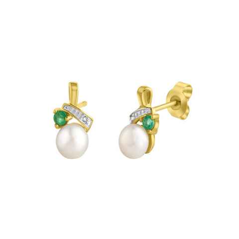 Firetti Perlenohrringe Schmuck Geschenk Gold 333 Ohrschmuck Perle, mit Smaragd - mit Süßwasserzuchtperle - mit Diamanten