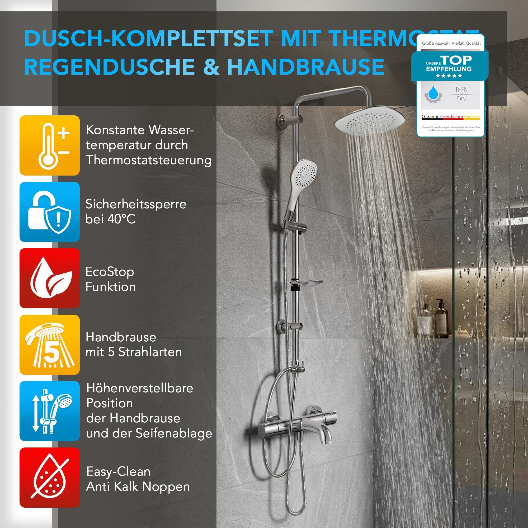 hansgrohe Wannenarmatur Ecostat 1001 CL Wannenthermostat Set mit Aloni Handbrause Regendusche (Spar-Set) Wannenthermostat mit Eco-Funktion in Modern-Design, Wandmontage, chrom