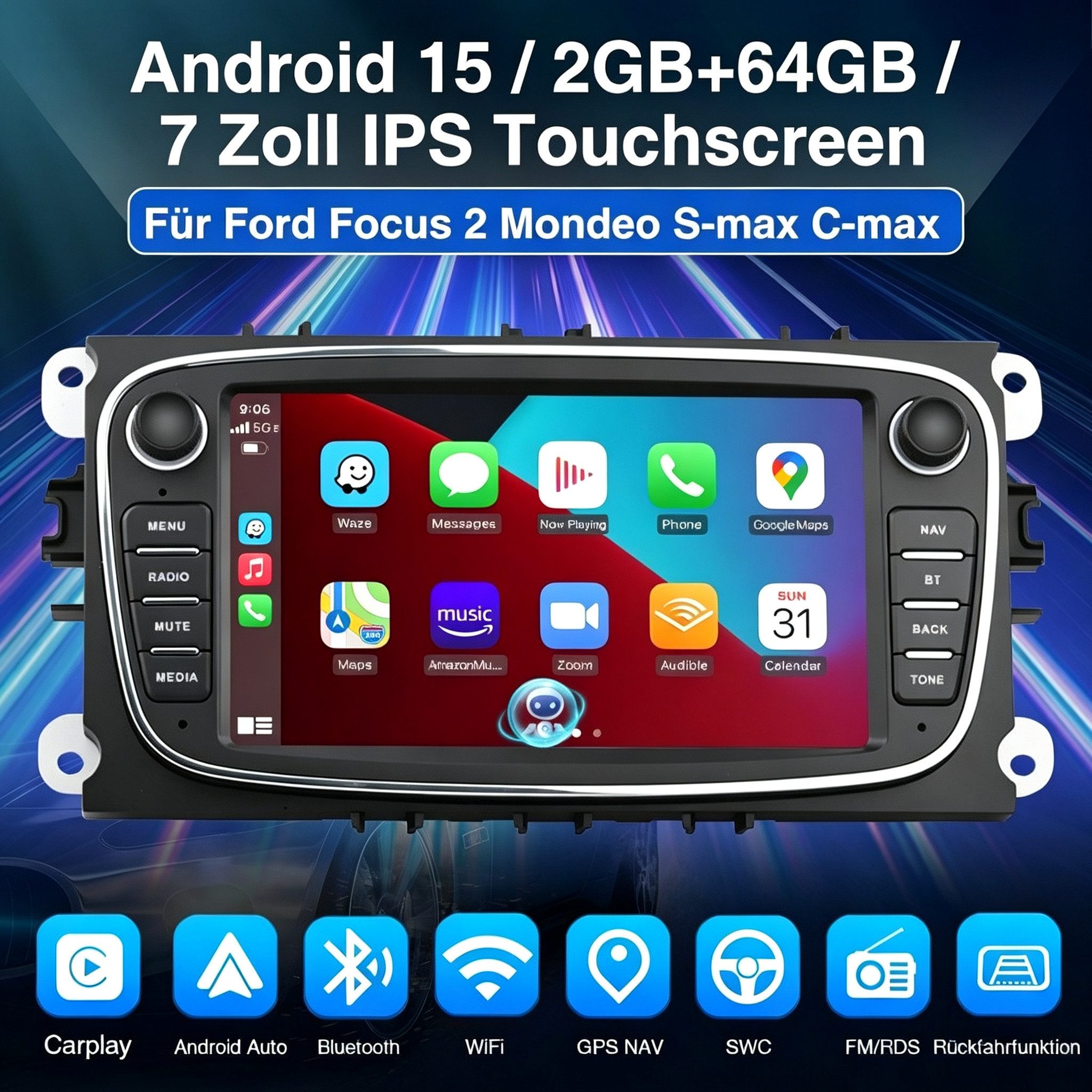 ESSGOO 7" Android 15 Für Ford Focus Mk2 Mondeo C/S-MAX Galaxy Kuga GPS Navi Autoradio (RDS, 4+64GB(optional), FM, DAB+ (optional), Wireless Carplay Android Auto Bluetooth EQ USB WIFI Touchscreen SWC)