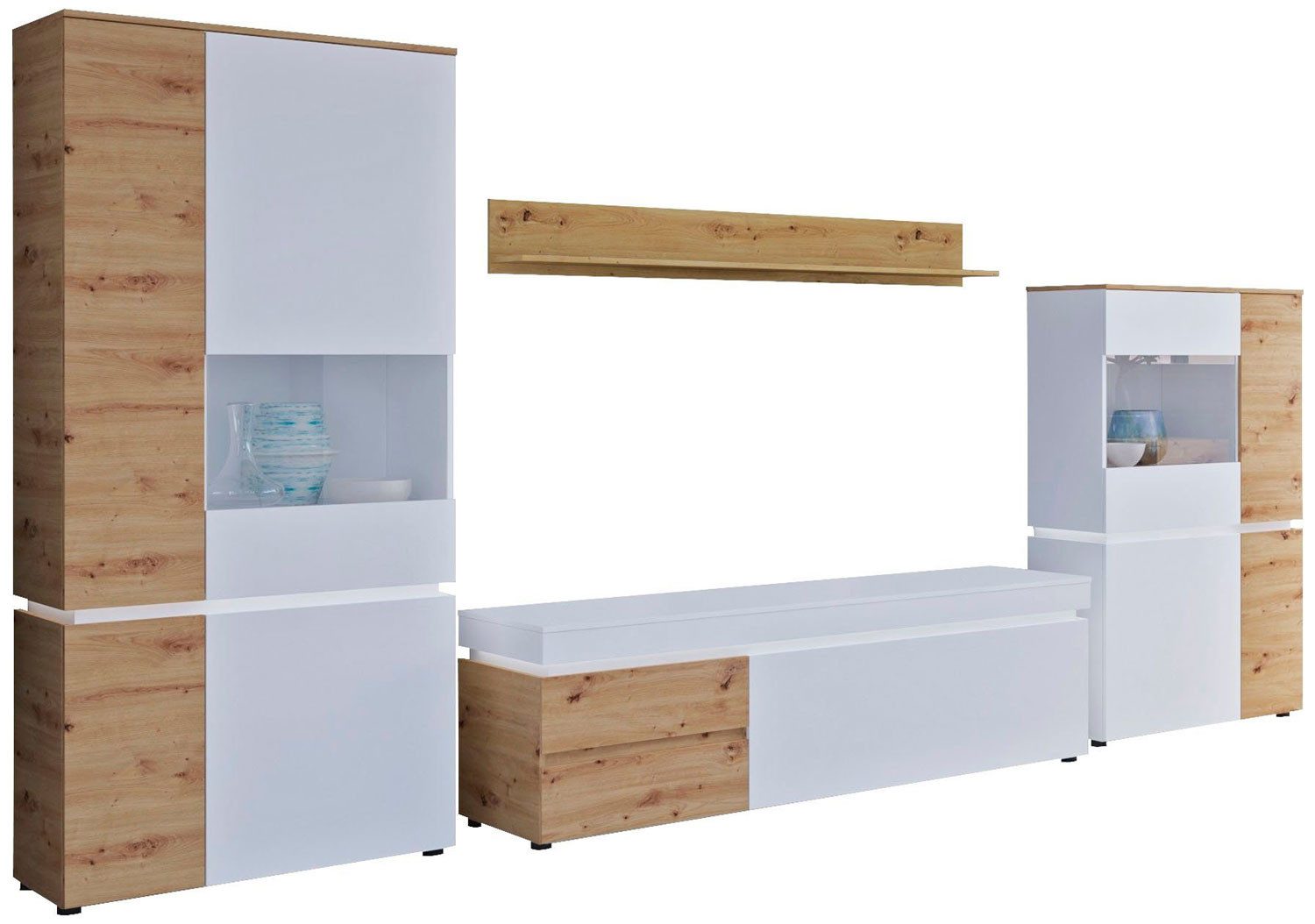 Feldmann-Wohnen Wohnwand Luci, (2 Vitrinen, 1 Lowboard, 1 Wandregal, 2-St., moderne Optik, 4-teilige Wohnwand), 4-teilig Eiche Artisan weiß