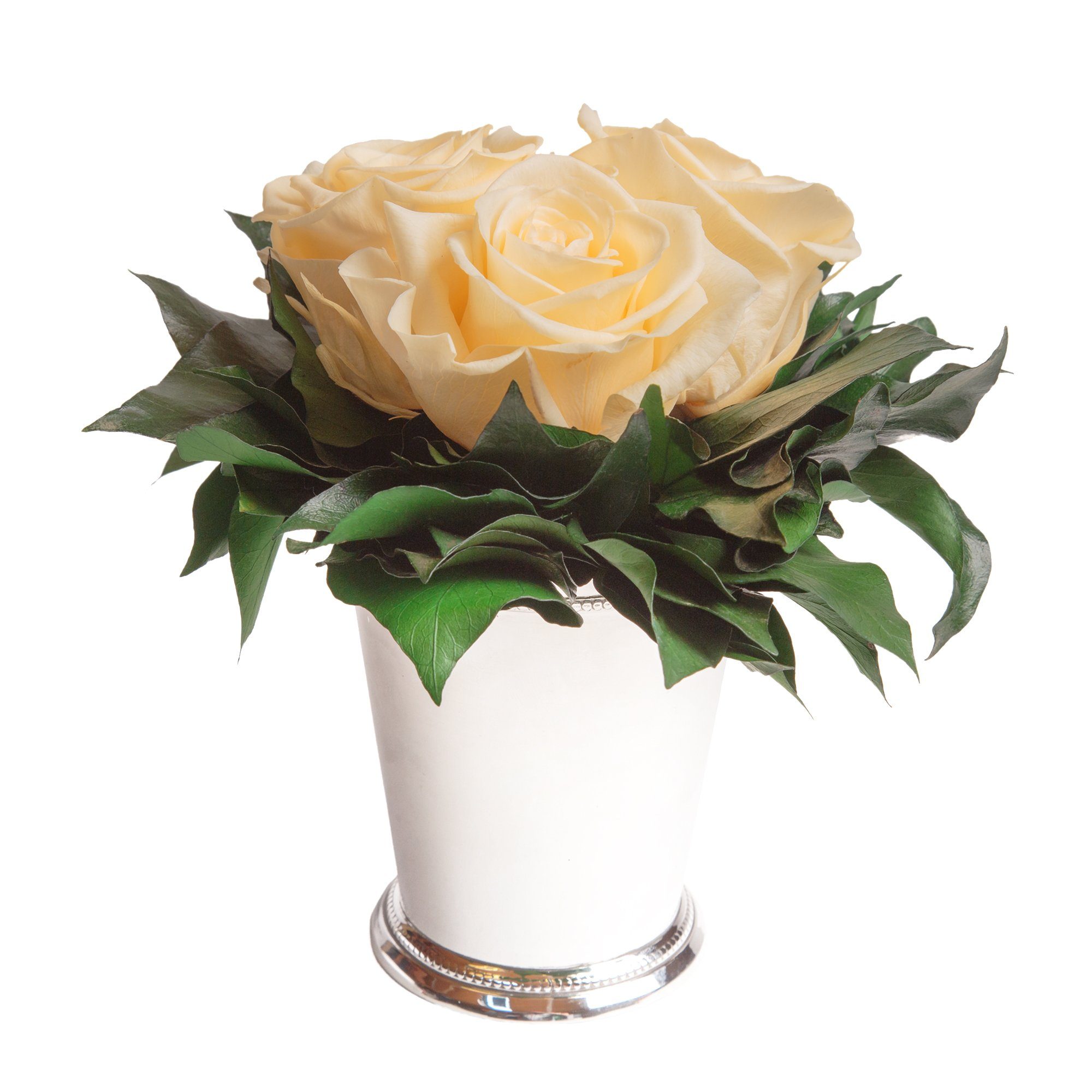 Kunstorchidee 3 Infinity Rosen silberfarbene Vase günstig online kaufen