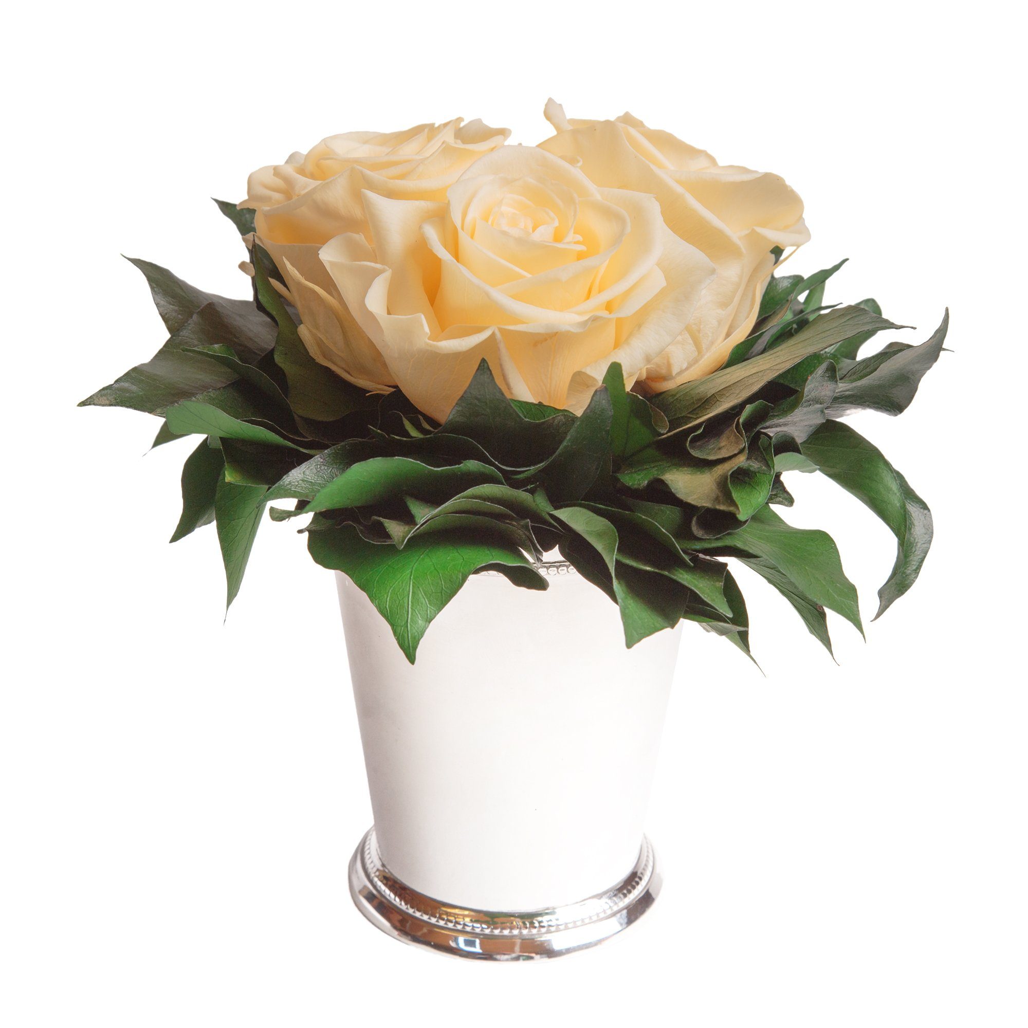 Kunstorchidee 3 Infinity Rosen silberfarbene Vase Wohnzimmer Deko Blumenstrauß Rose, ROSEMARIE SCHULZ Heidelberg, Höhe 15 cm, Rose haltbar bis zu 3 Jahre Champagner