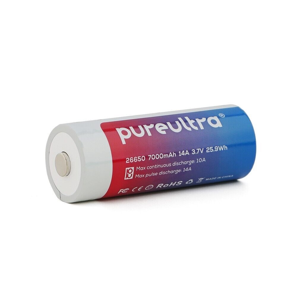 PureUltra 26650 Akku 5000 - 7000mAh High Drain 14A 7000 mAh (3,7 V), Li-Ion Hochleistungsakku mit PCB