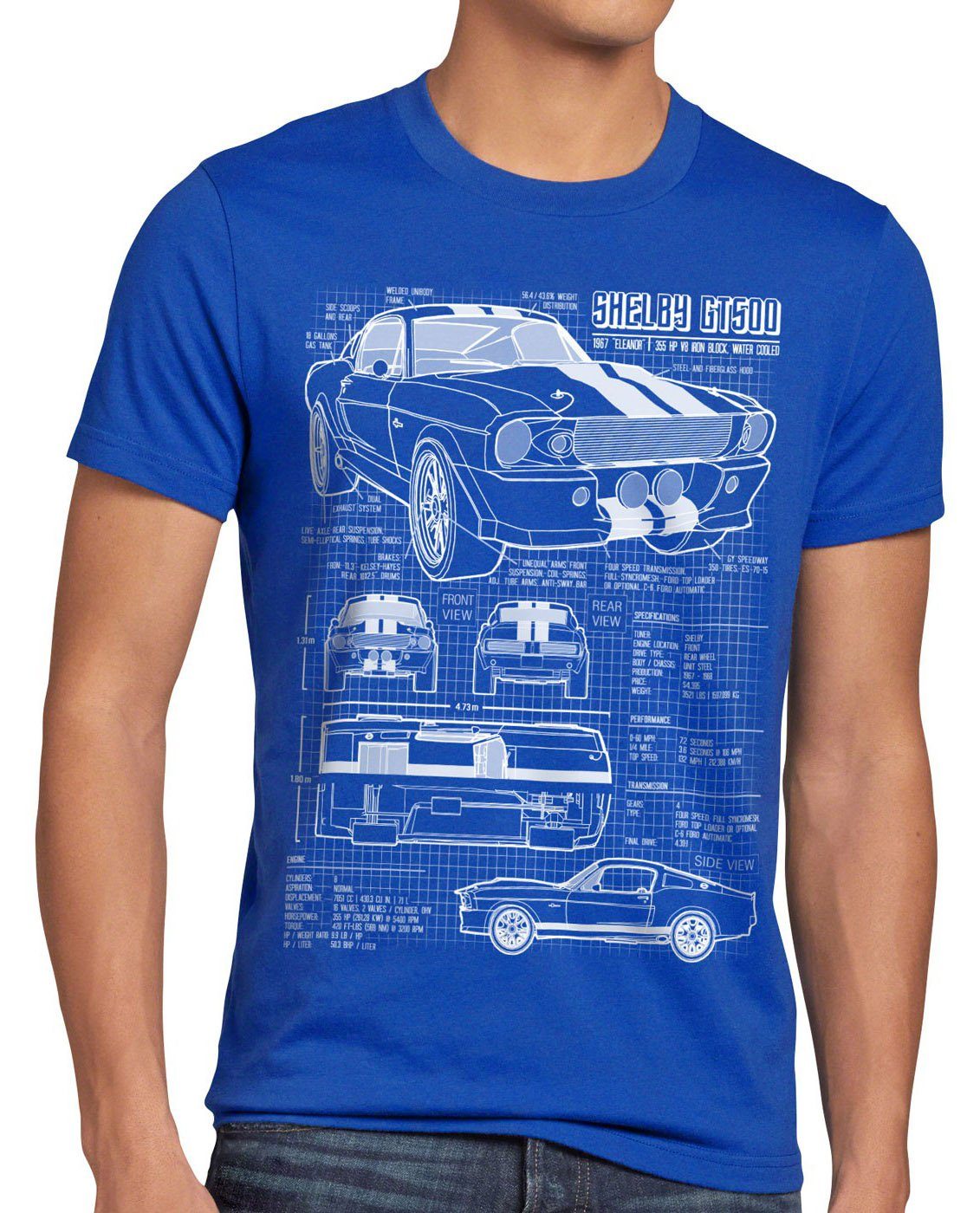 style3 Print-Shirt Herren T-Shirt GT500 Eleanor mustang muscle car bullit shelby pony ford mc queen blau