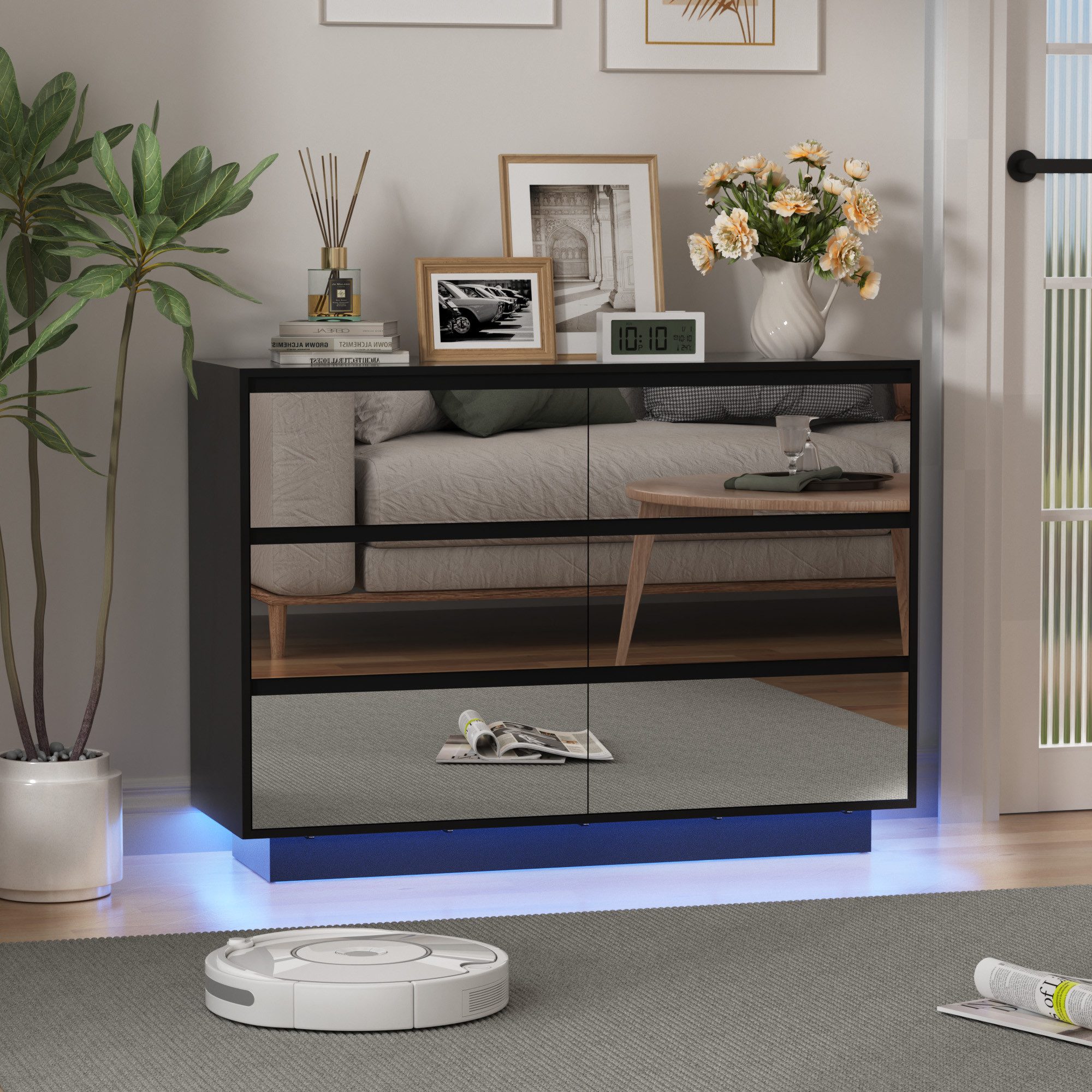 UEV Spiegelschrank mit LED-Beleuchtung, einstellbare Farben Kommode mit 6 Schubladen (Spiegelschrank, Wohnzimmerschrank, Schlafzimmerschrank) 100 x 34 x 72,5cm für Wohnzimmer Schlafzimmer Flur