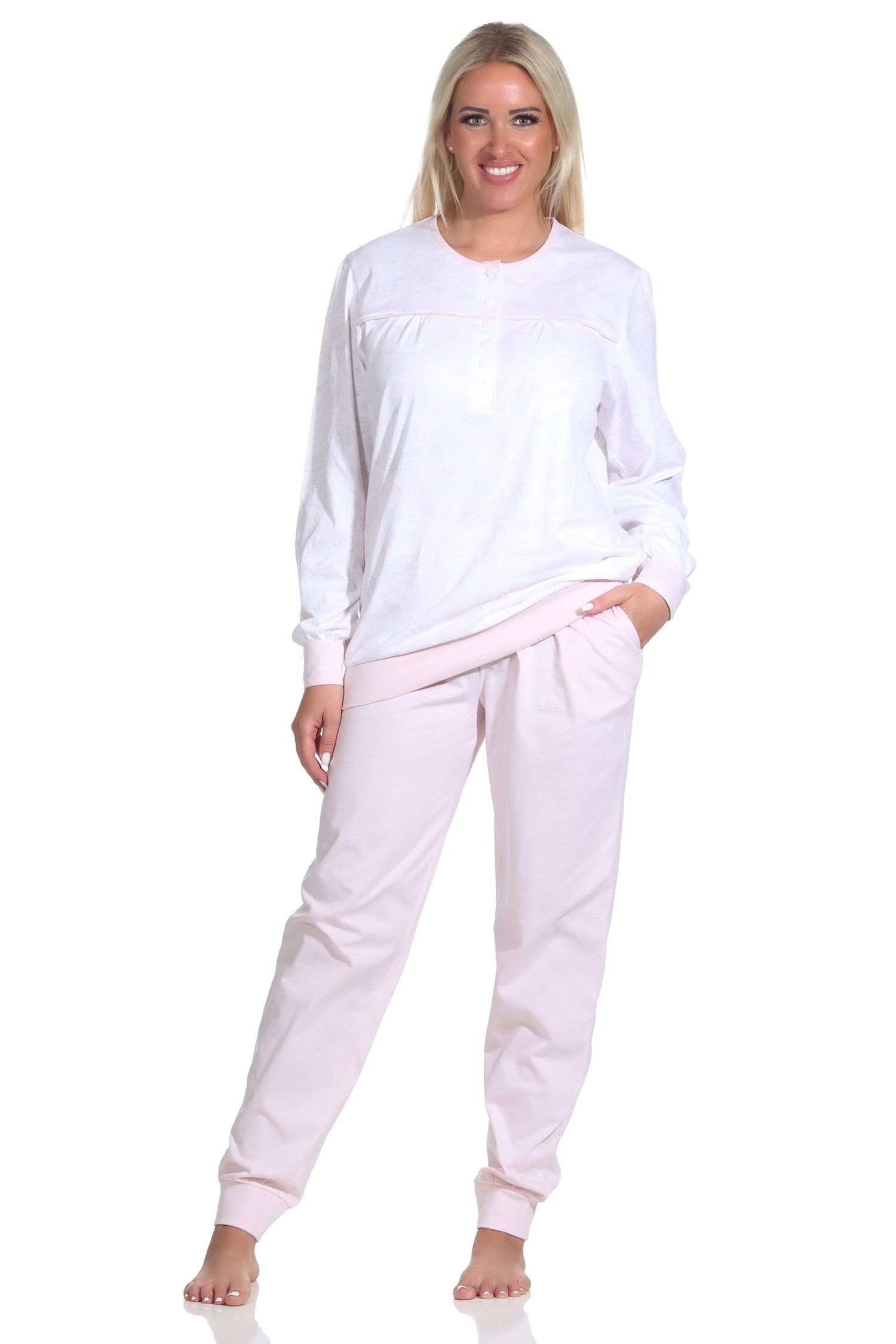 Normann Pyjama Damen Schlafanzug mit Design und rosa Paysley Hals Bündchen Knopfleiste im
