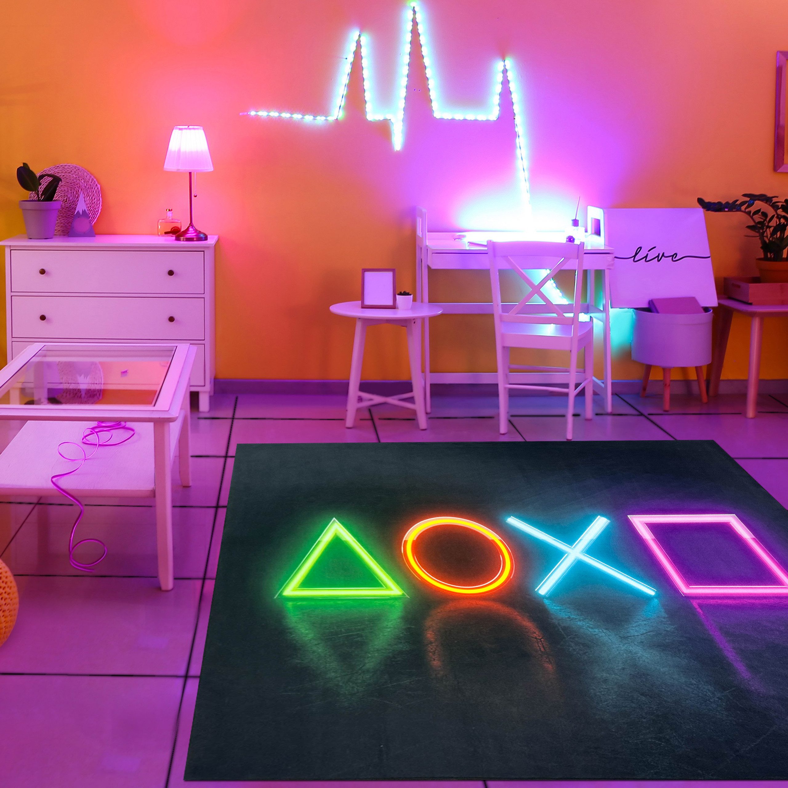 TeppichHome24 Kinderteppich Gamingteppich rutschfest mit Neonfarbenen günstig online kaufen