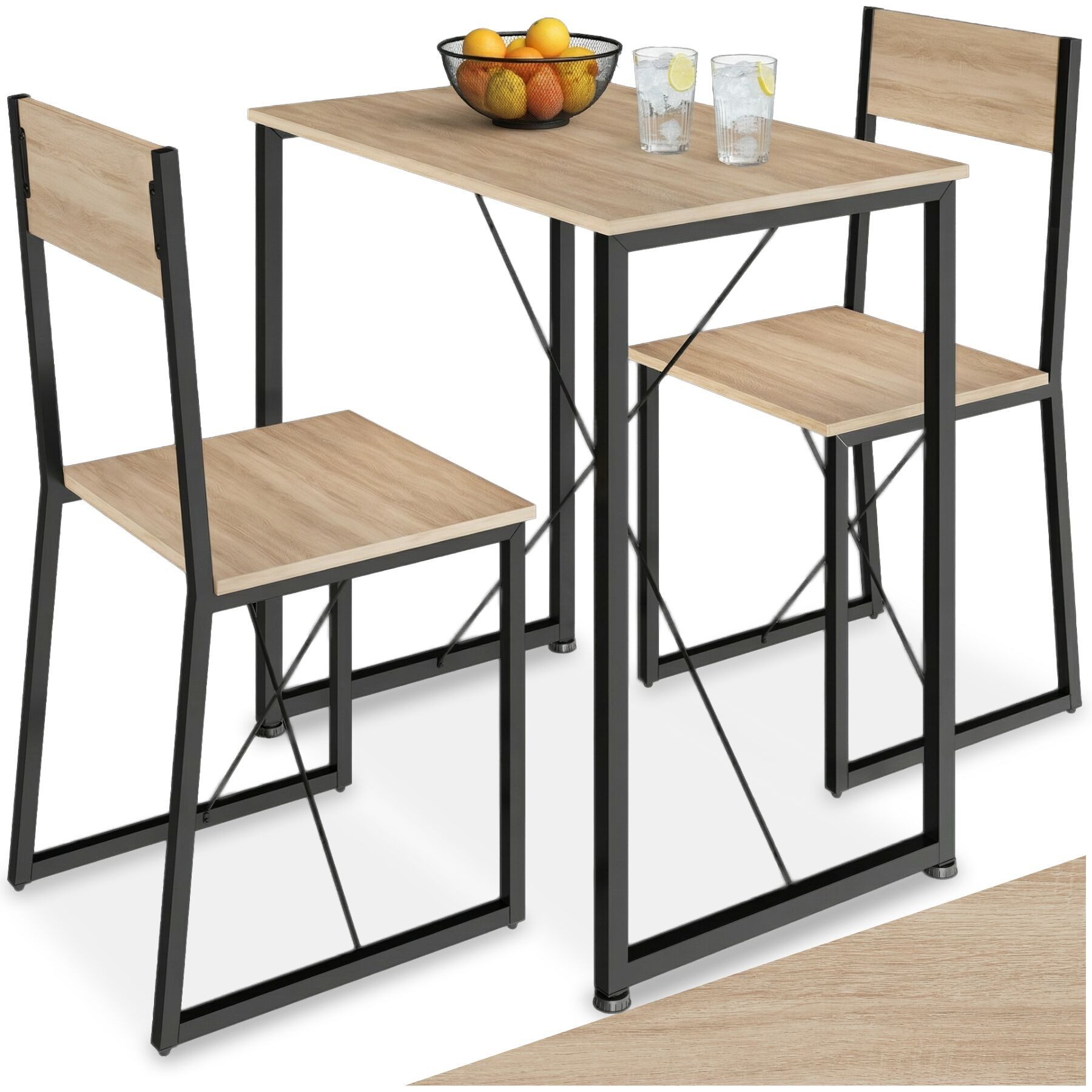 tectake Sitzgruppe Essgruppe 3-teilig, mit höhenverstellbaren Kunststofffüßen, (Loungeset Margate, 3-tlg., in Industrial Holz hell, Eiche Sonoma), Esstisch mit 2 Stühlen, Industrial Style, Holz und Stahl