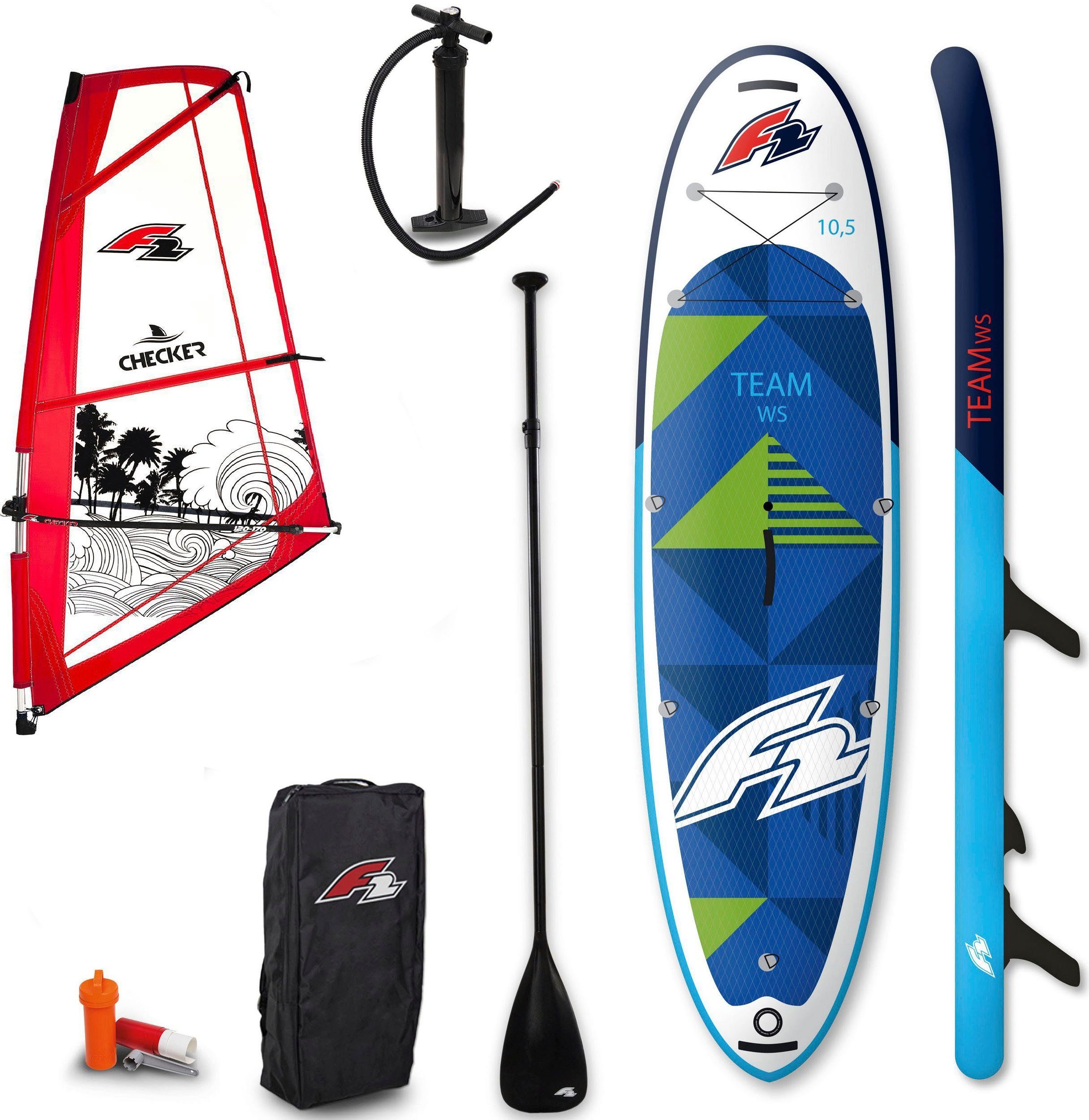 F2 Windsurfboard Team WS 10,5 Set mit Checker Rigg 4,5m², (Set, 16 tlg., mit Paddel, Pumpe, Transportrucksack und Segel) | Windsurfboards