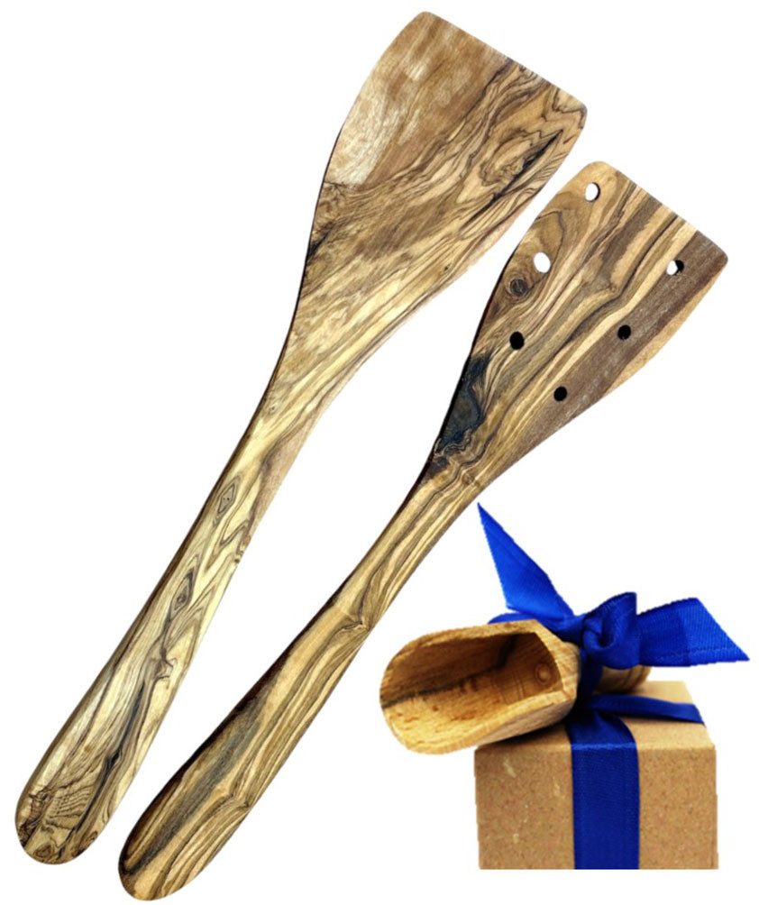 Olivenholz-erleben Kochbesteck-Set 1x Pfannenwender (ohne Löcher) und 1x Pfannenwender (mit Löchern) (Set, 2-tlg., plus Überraschung), aus Olivenholz, hitzebeständig und schonend zu Pfannen