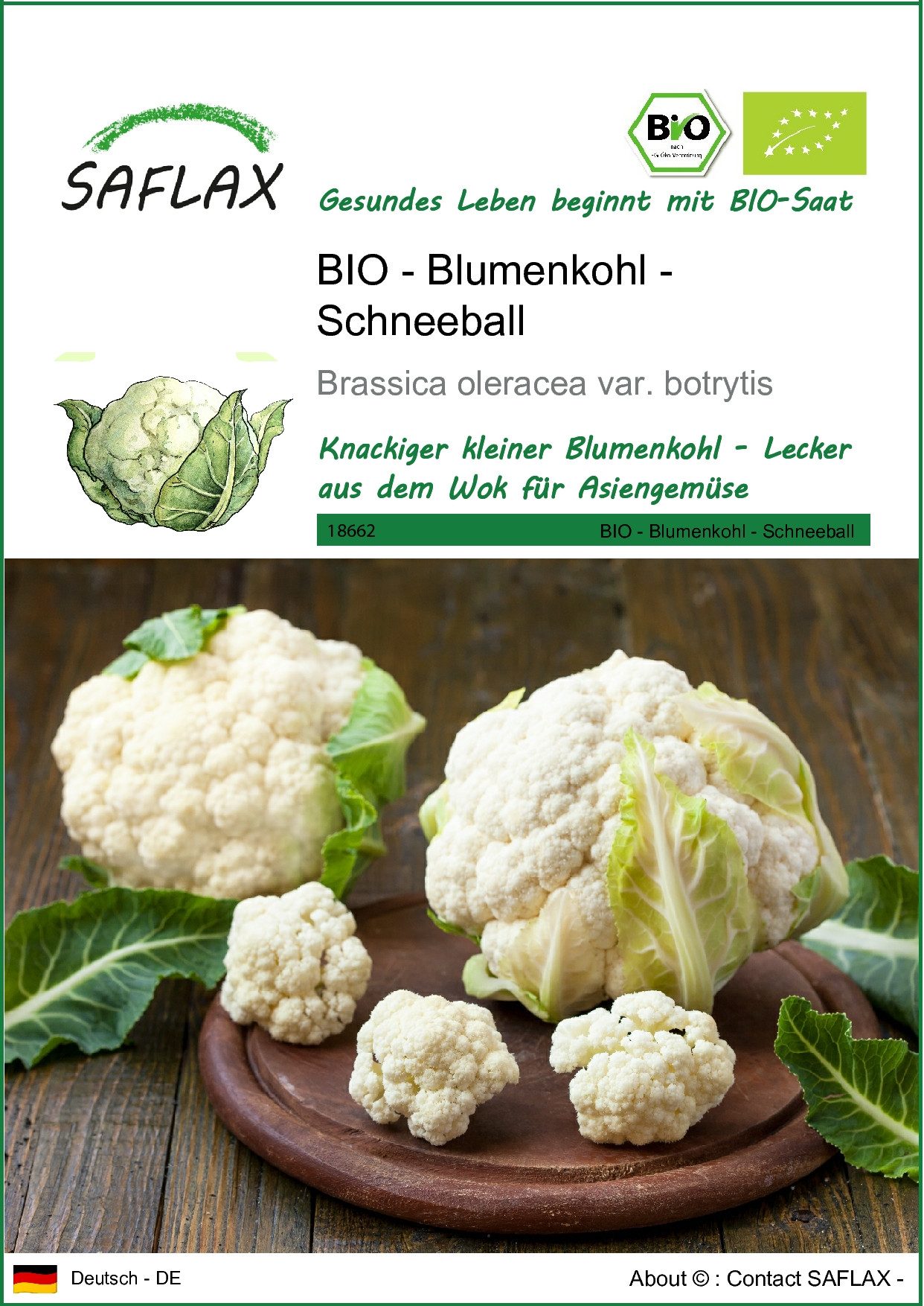 Gemüsesamen SAFLAX - Samen - BIO - Blumenkohl - Schneeball