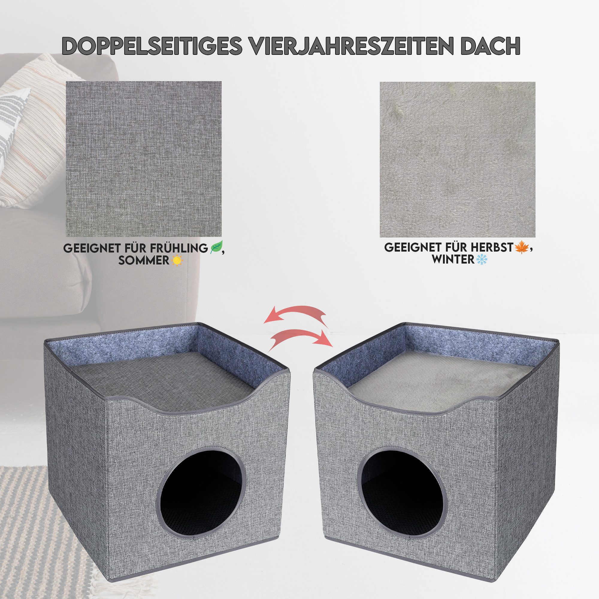hausleben Katzenhaus Grau – 40×38×40 cm, inkl. 2 Matratzen & Liegefläche auf dem Dach