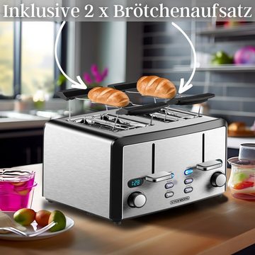 STEINBORG Toaster SB-2210, 4 kurze Schlitze, für 4 Scheiben, Edelstahl Gehäuse,Brötchenaufsatz,Krümelschublade,LED Display