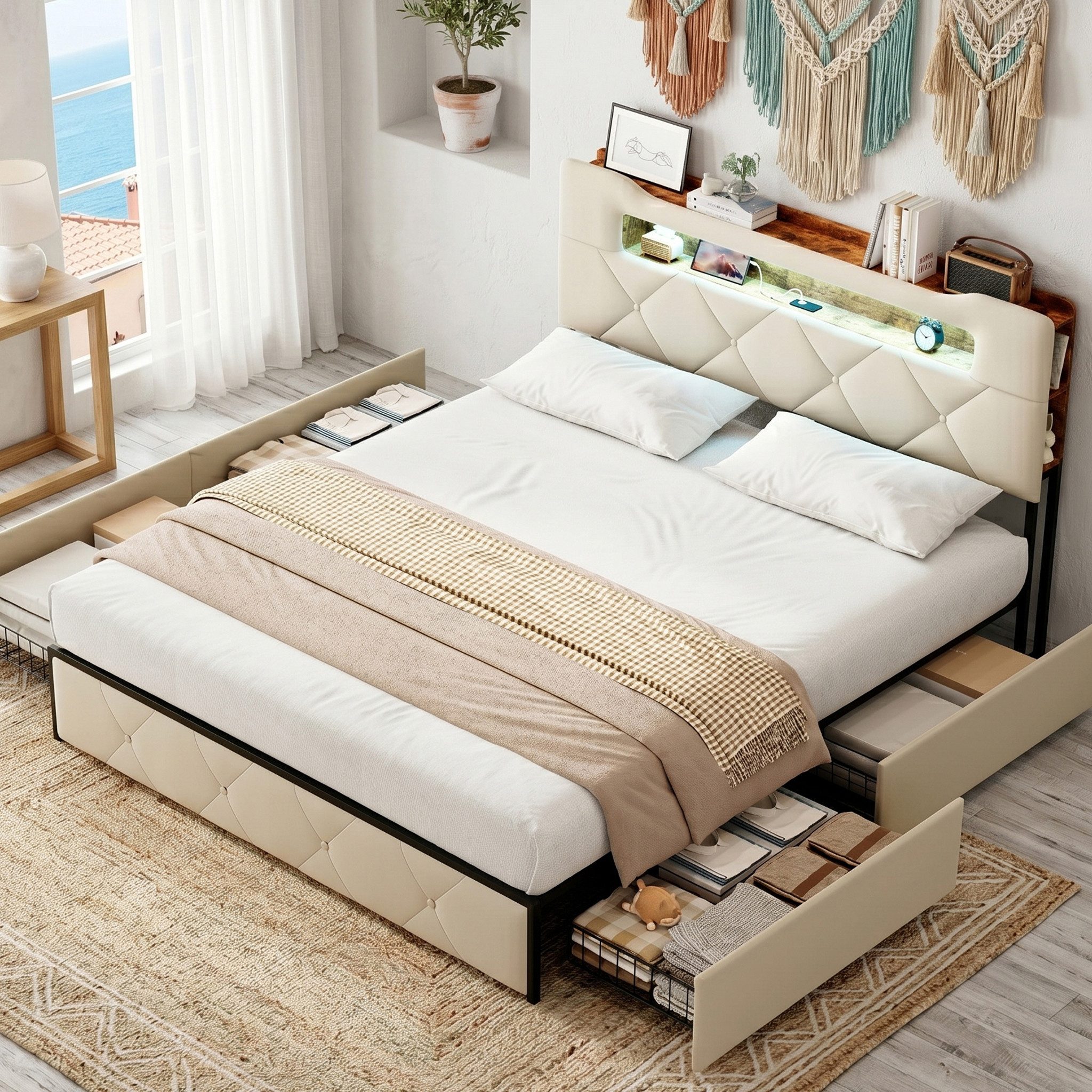 zebery Stauraumbett Polsterbett Doppelbett Mit LED und USB+Typ C (1-tlg), 140x200 cm,Samtstoff,Mit Kopfteil und Bettgestell,Beige
