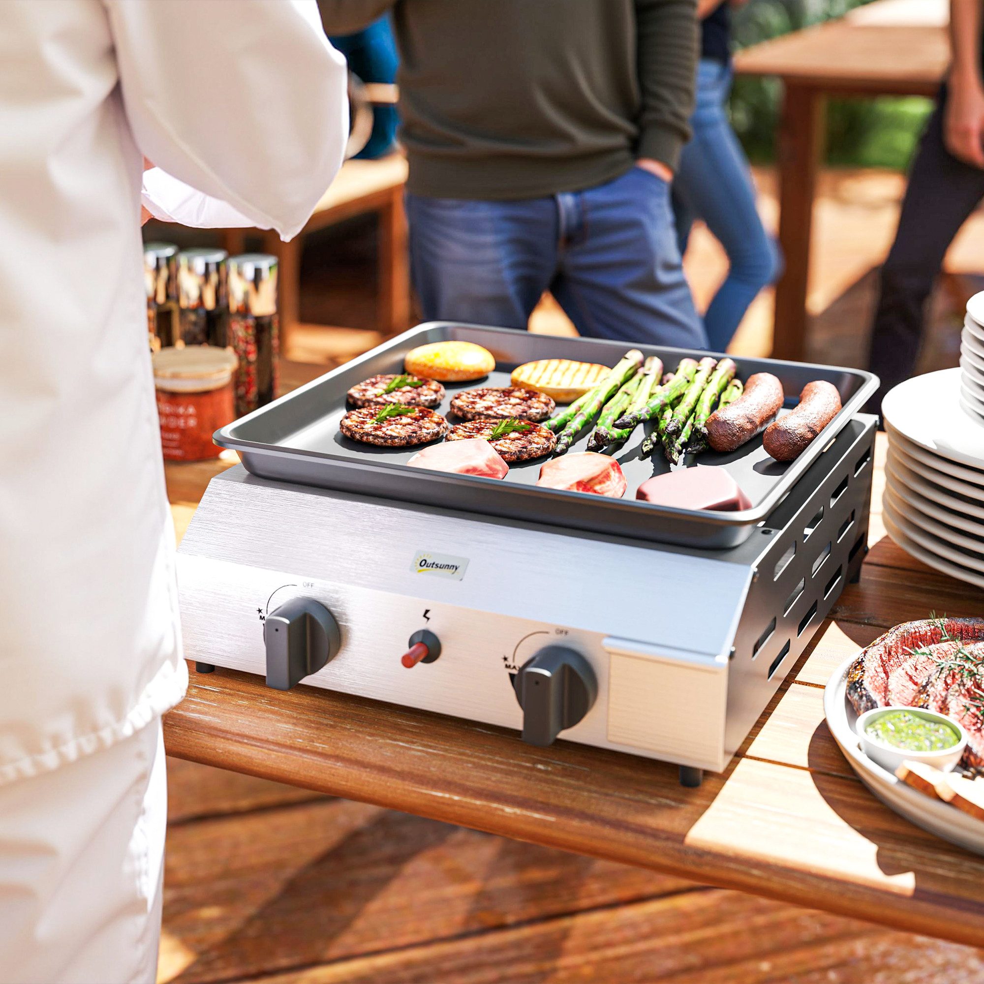 Outsunny Gasgrill Gasgrill, Grillwagen mit 2 Edelstahl-Brenner, verstellbare Beine, BBQ Gartengrill, 8000BTU,2,4 KW Grillwagen, für Balkon, Camping-Grill, 44 x 44,5 x 19 cm