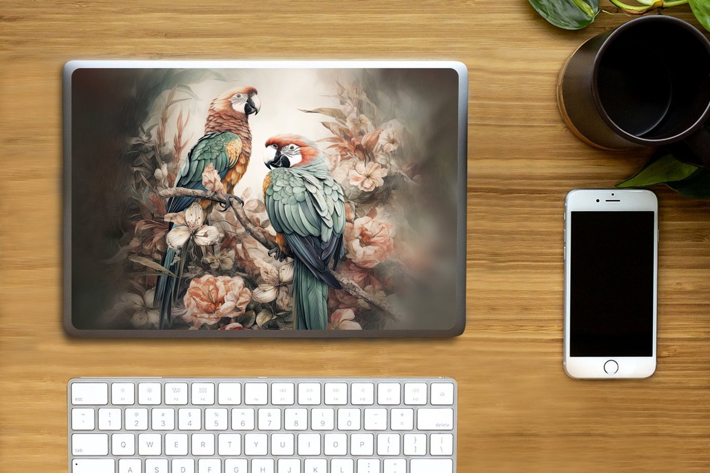 Thumbnail - MuchoWow Laptop-Aufkleber Papageien - Vögel - Natur - Blumen, (1tlg), Laptop Folien Cover, Aufkleber, Sticker, Schutz vo...