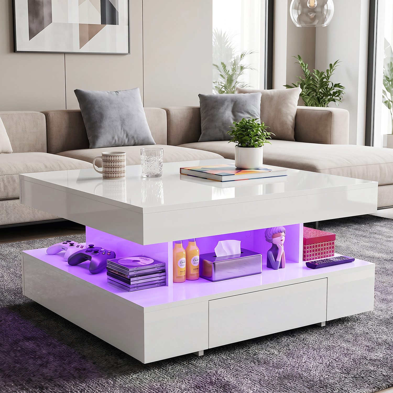 oyajia Couchtisch Wohnzimmertisch Hochglanz mit LED Beleuchtung & Fernsteuerung (Bluetooth-Fernbedienung.App-Steuerung, offenen Fächern,stabil, pflegeleicht, Hochglanz-Design, 1-St., 78 x 78 x 42cm Beistelltisch), mit 2 Schubladen,Farbwechsel-LEDs