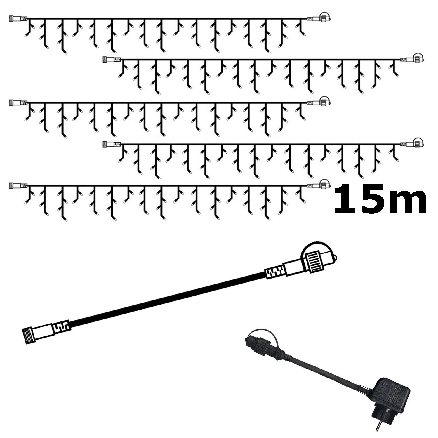 STAR TRADING LED-Lichtervorhang SYSTEM 24 KOMPLETT SET 15m Lichtervorhang Eisregen Icicle f. Dachrinne, 245-flammig