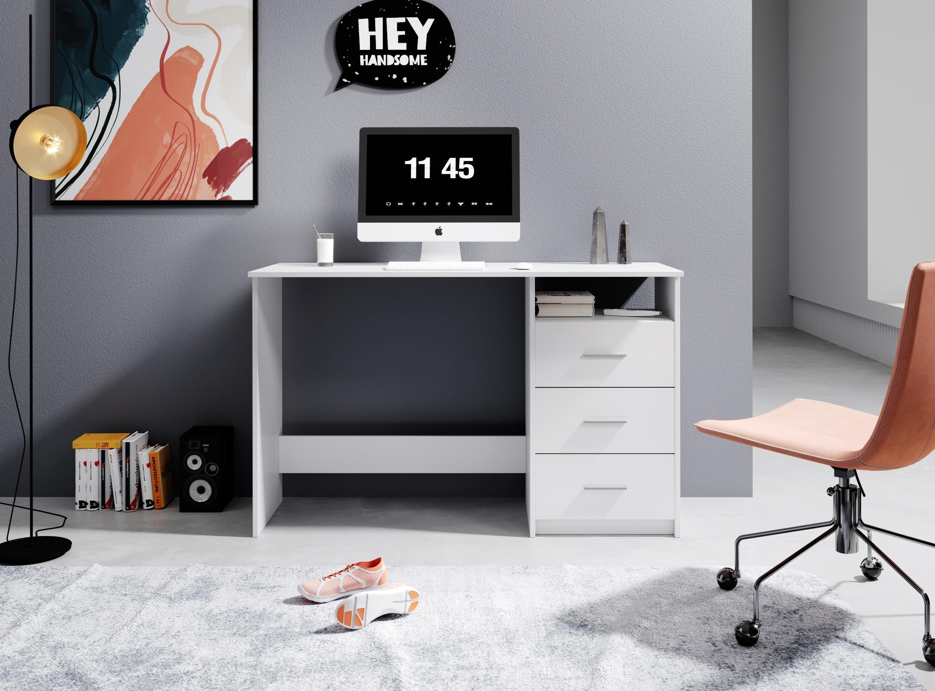 Bega Consult Schreibtisch aus Spanplatte in Weiß mit 3 Schubkästen und 1 offenes Fach (B/H/T 123 x 76 x 50 cm)