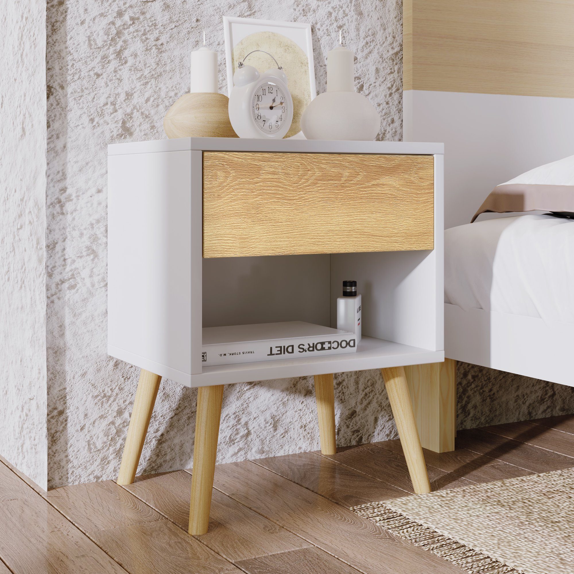 Nachttisch (1-St., Beistelltisch), Nachtschrank Kommode mit Schublade & offenem Fach, Massivholz