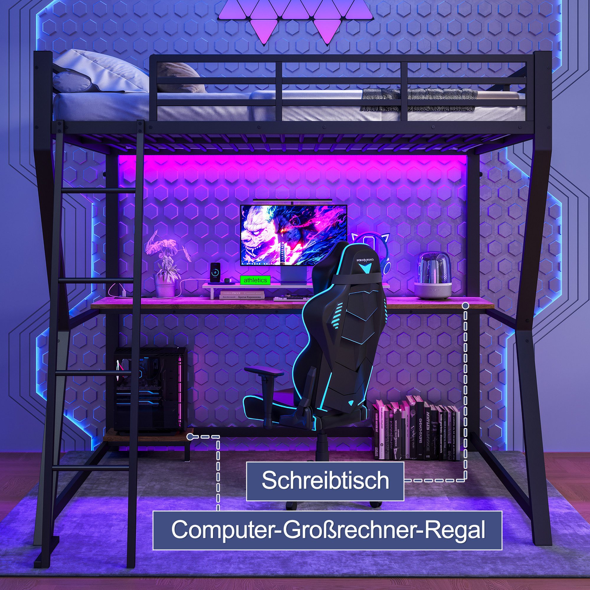 Flieks Hochbett LED Metallbett 140x200cm mit Schreibtisch und Aufladenfunkt günstig online kaufen