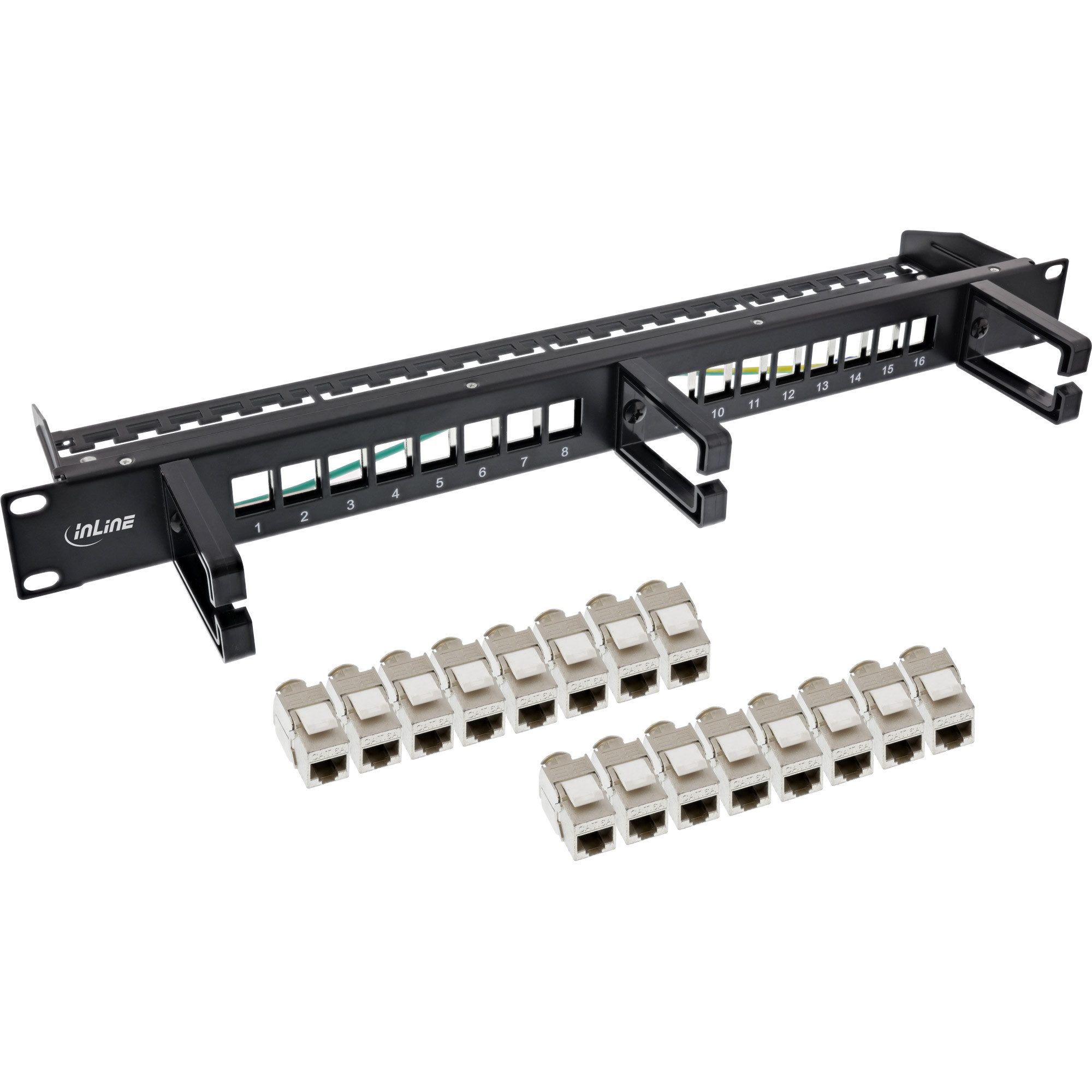 Cat.6A 16-fach, mit 3 Bügeln, 16 Keystones, 19", 1HE, schwarz Netzwerk-Patch-Panel