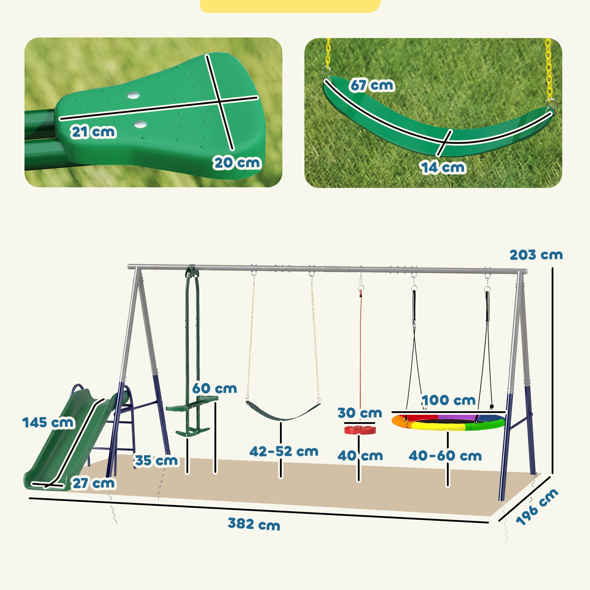 AIYAPLAY Schaukelgestell Rutsche, Nestschaukel, Gurtschaukel, Gleiter & Stehschaukel, (höhenverstellbar Schaukelgerüst, 1-tlg., 5-in-1 Schaukelset), bis 350 kg für 3-8 Jahre 382x196 x203 cm Mehrfarbig