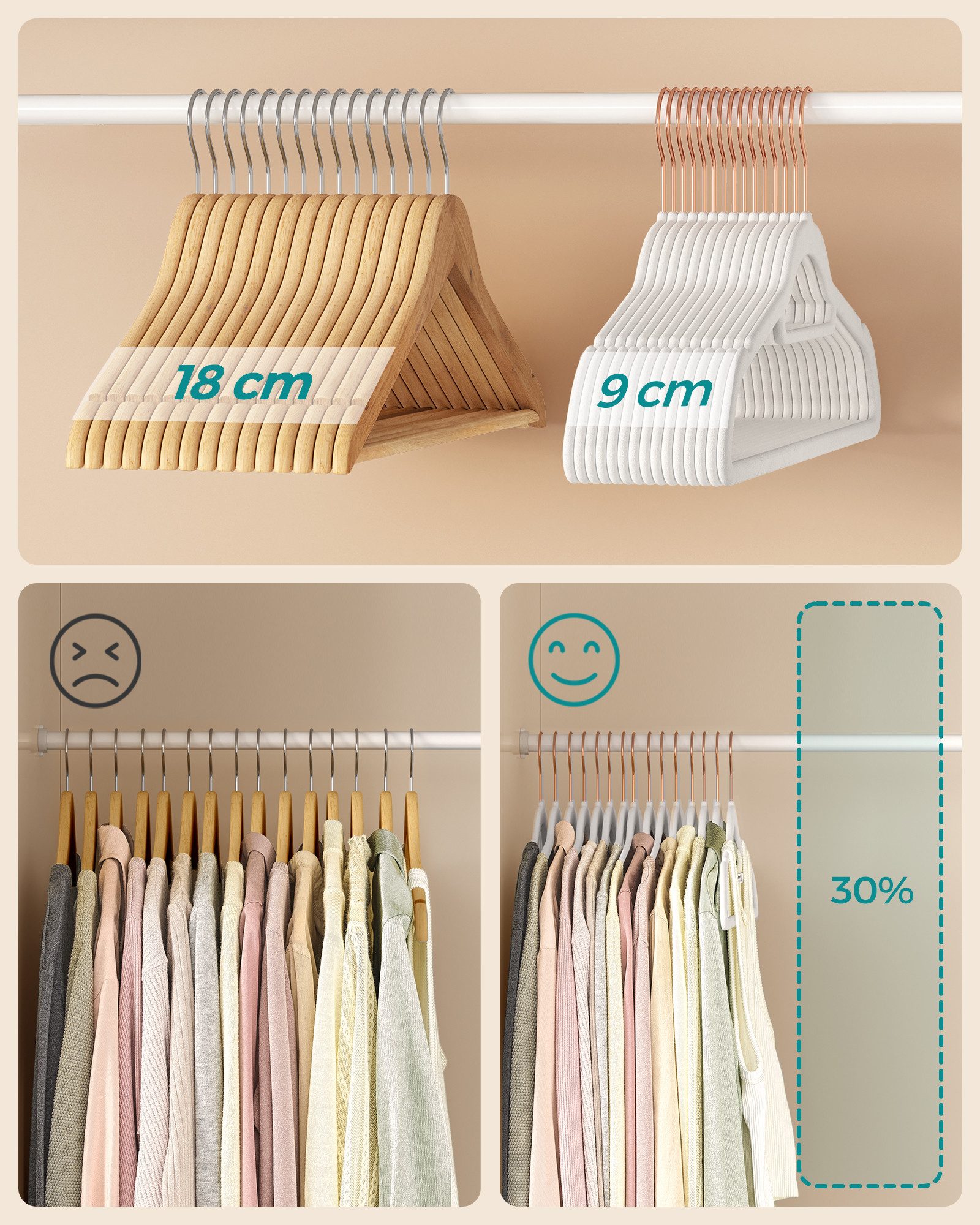 SONGMICS Kleiderbügel 20/50er Set rutschfest, (50-tlg), 0,6 cm dick, 360° drehbarer Haken, kleine Stange für Krawatten, Bügel – Bild 5 von 5