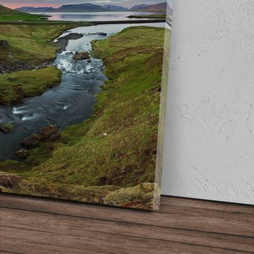 Sinus Art Leinwandbild 120x80cm Wandbild auf Leinwand Island Landschaft Berge Wasserfall Sonn, (1 St)