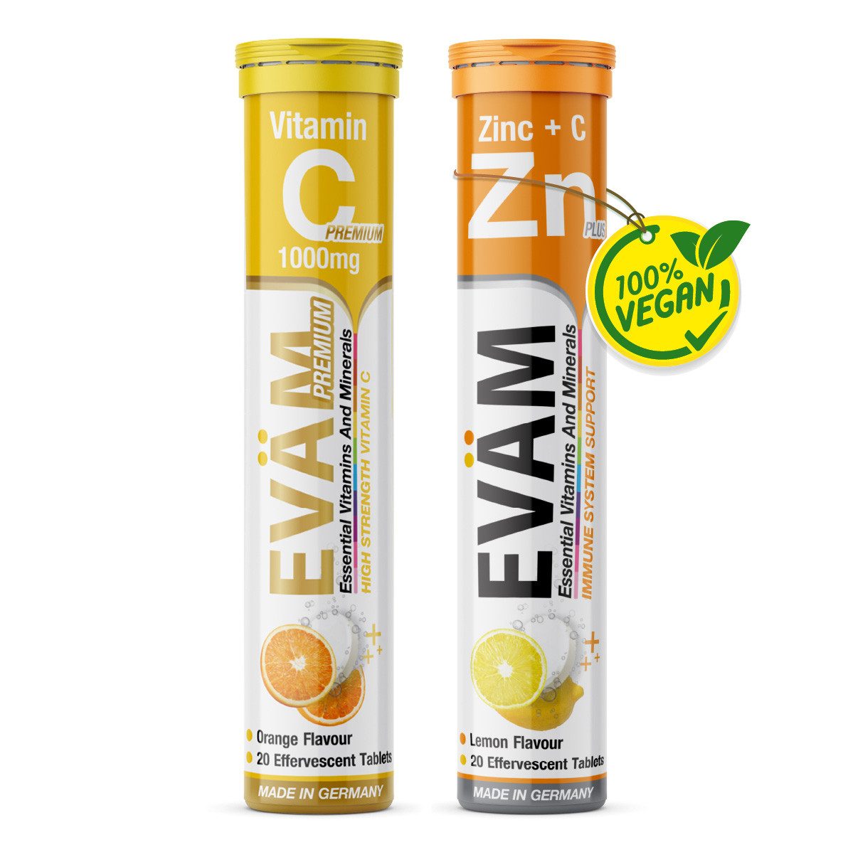 EVÄM 2er Set Vitamin C 1000 und Zink + Vitamin C Brausetabletten, 1 er Set aus 2 Röhrchen à 20 St., 164 g 8000 ml