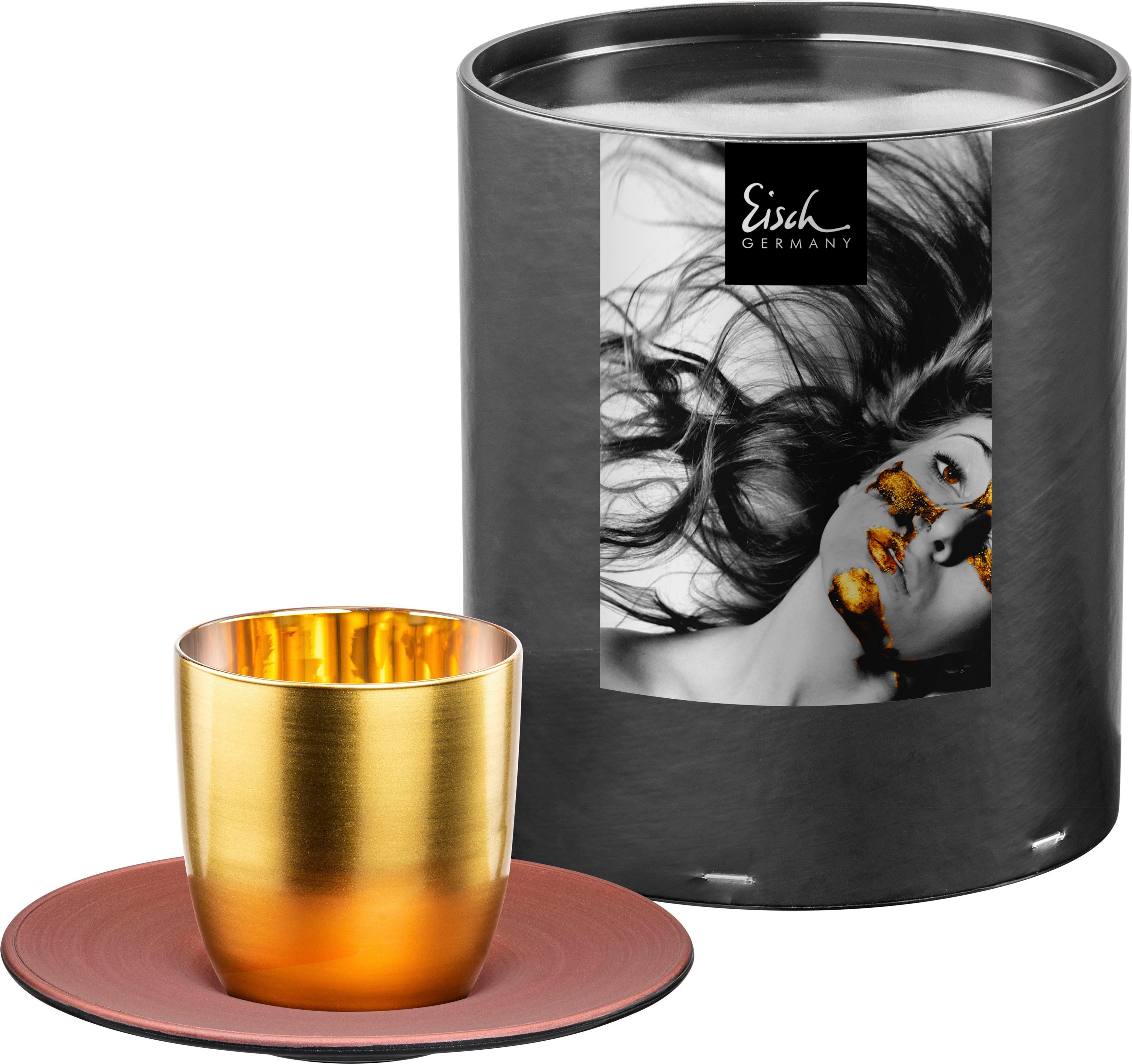Eisch Espressoglas COSMO COLLECT, Made in Germany, Kristallglas, mit  24karätigem Gold veredelt, Untersetzer in fein-mattem Kupfer | Gläser