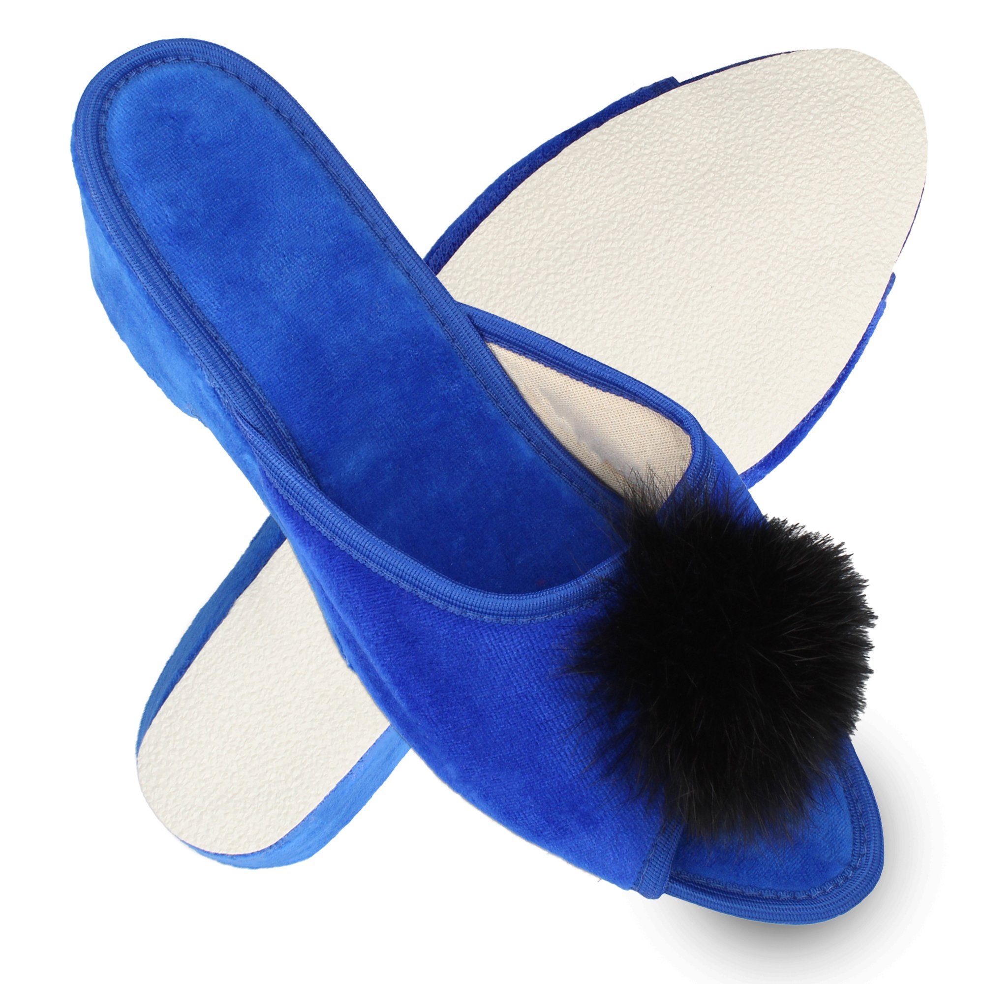 filsko Latina Elegante Samt Pantoffeln für Damen mit Puschel Hausschuh