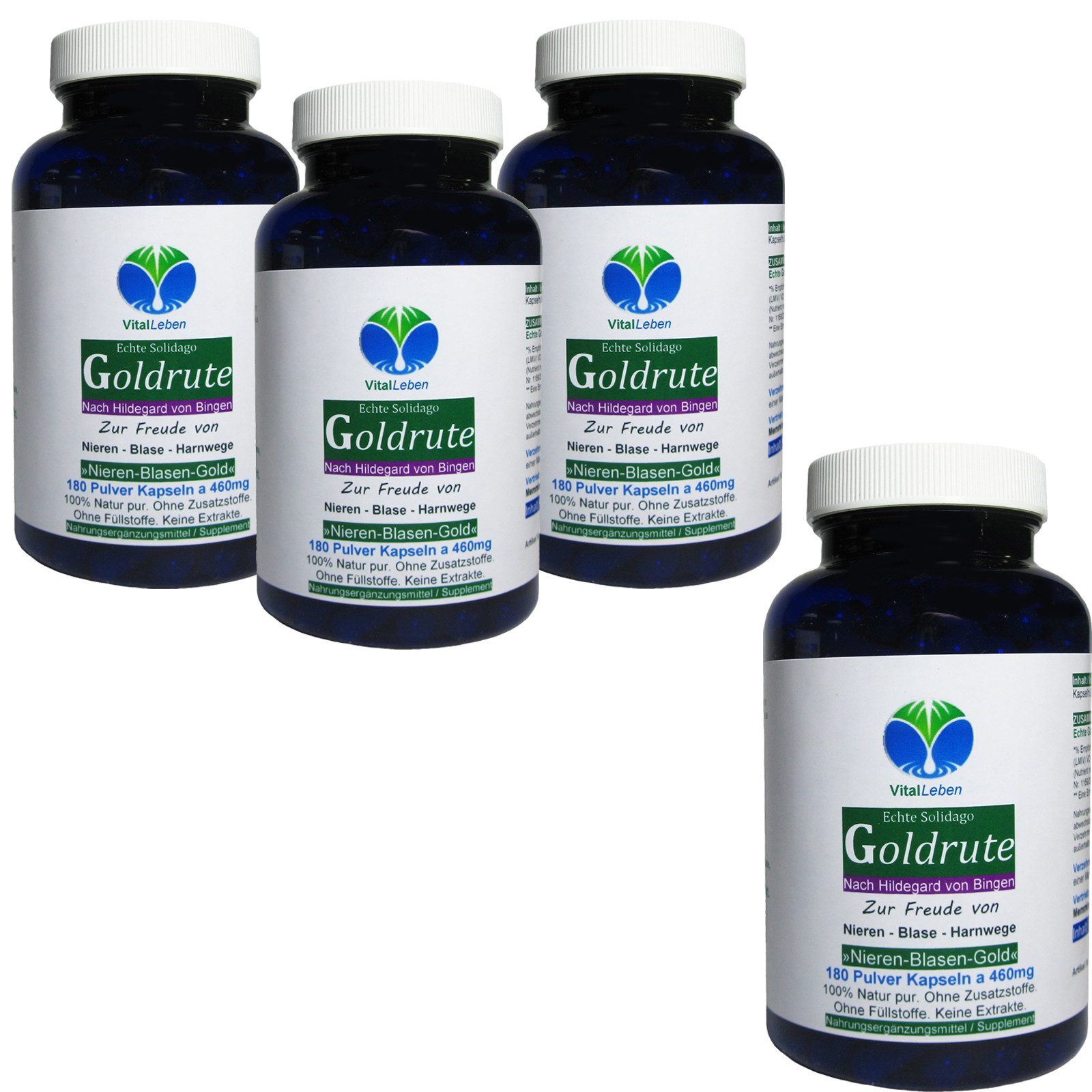 VitalLeben Echte GOLDRUTE Solidago [OHNE ZUSATZSTOFFE] NIEREN - BLASE - HARNWEGE Kapseln, 4 er Dose à 180 St., 332 g, Art. 26935-720