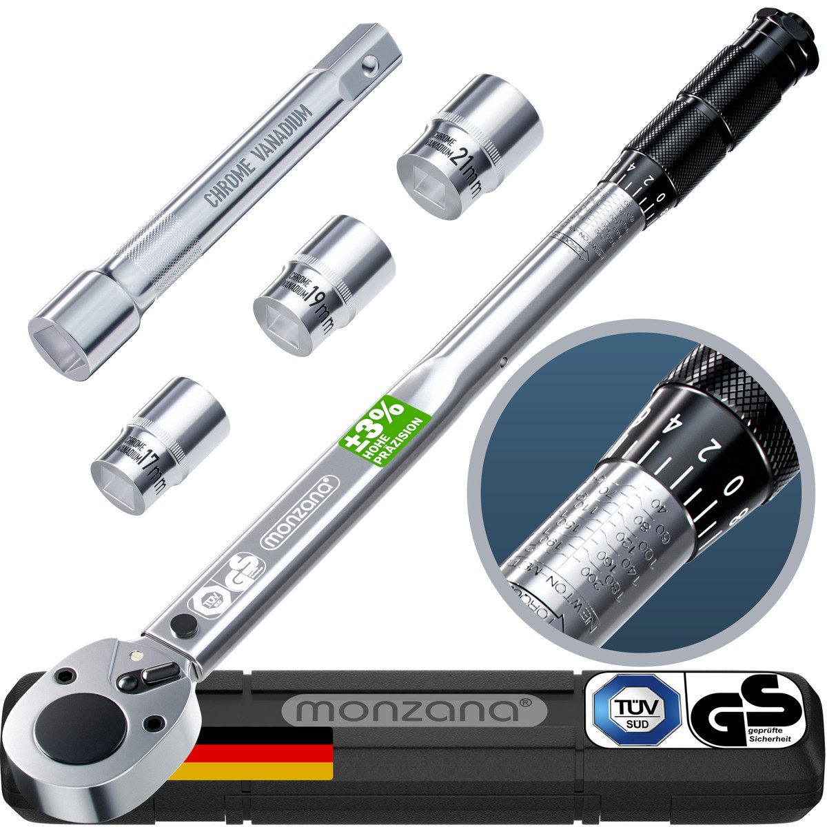 Deuba Drehmomentschlüssel Monzana (6 St), 40-210Nm 1/2 " CV inkl. 3 Stecknüsse +/- 3% kalibriert Auto Motorrad