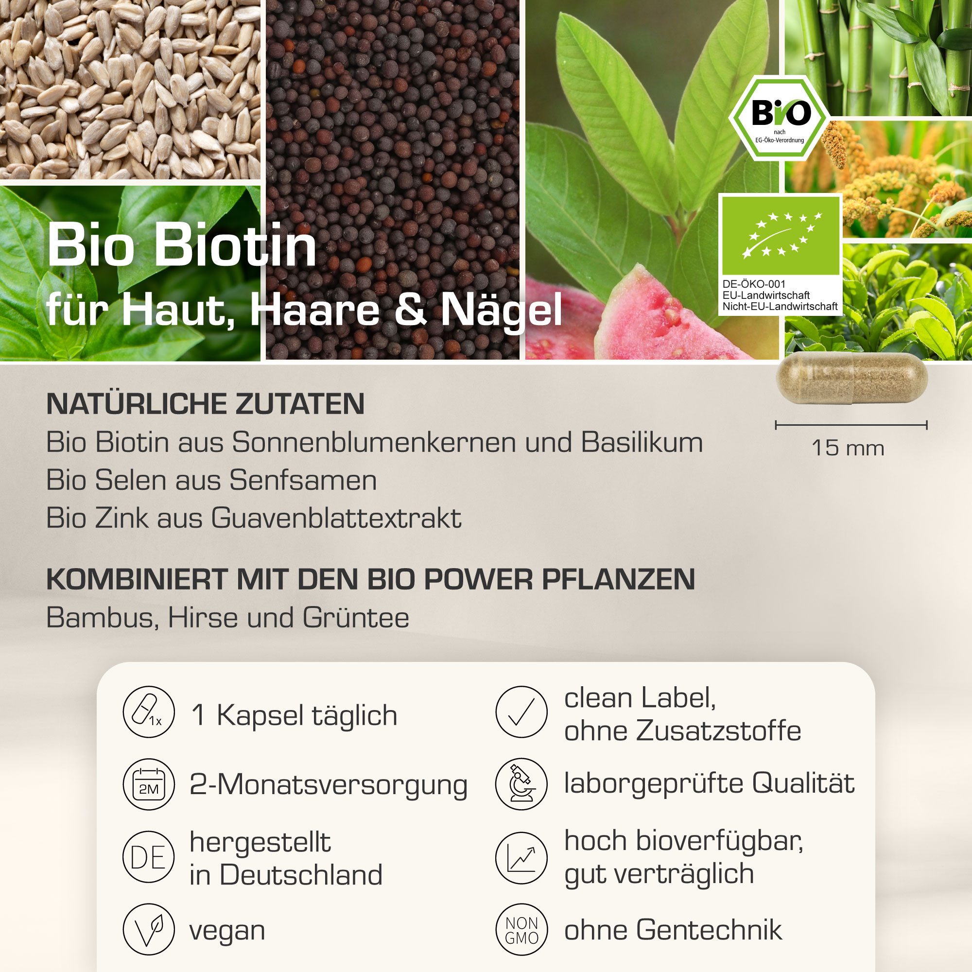 Purabyo BIO Biotin Haut, Haare, Nägel, Biotin, Selen und Zink, im Glas Kapseln, 1 er 60 St., 29 g