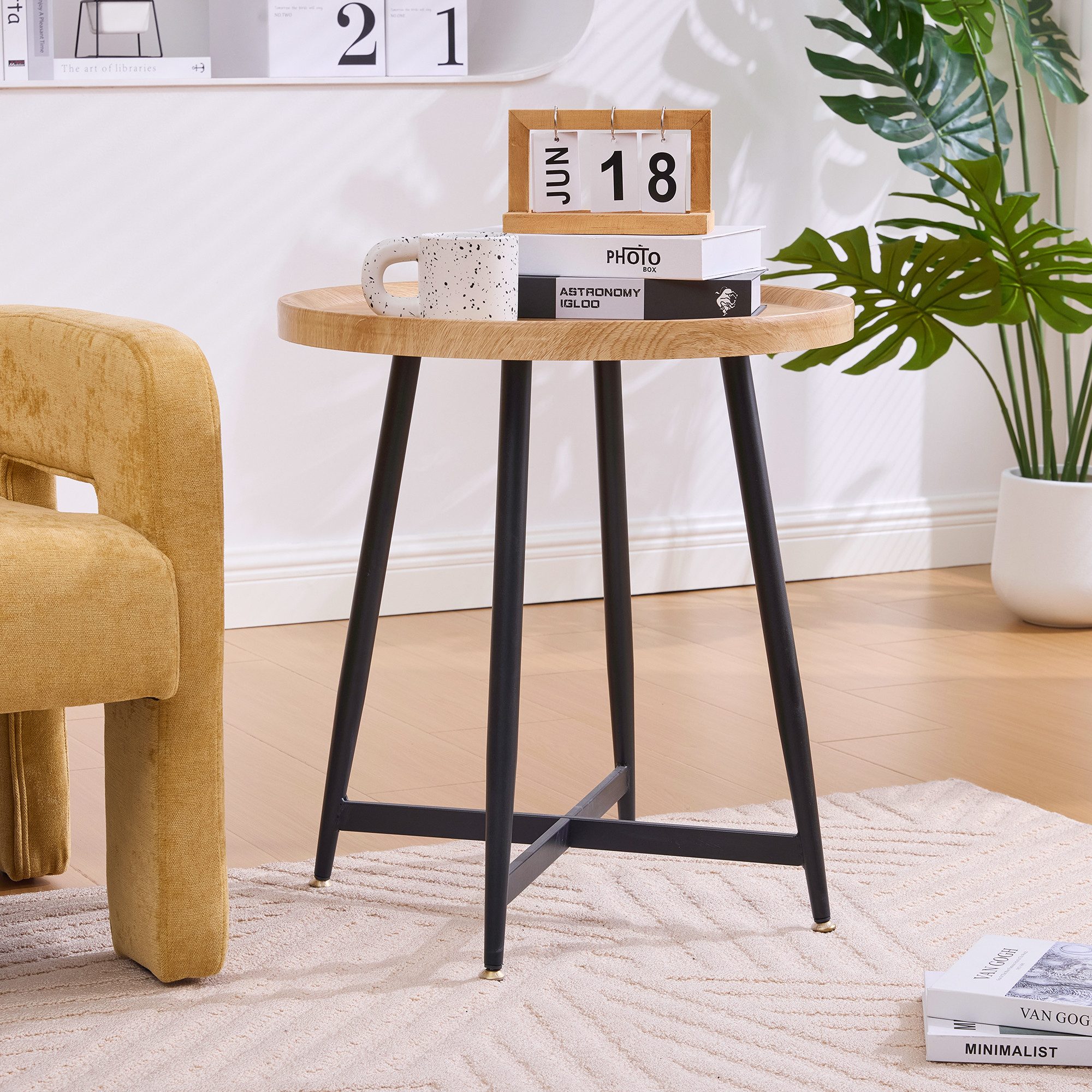 MODFU Couchtisch Minimalistischer runder Holztisch, Kaffeetisch Sofatisch (mit stabilem Metallrahmen), Kompakter Sofatisch- und Wohnzimmertisch