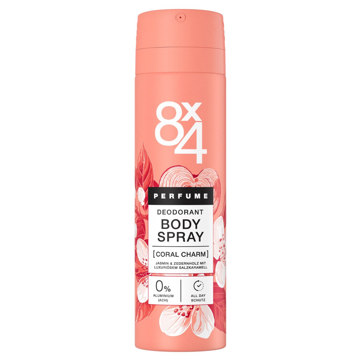 8x4 Bodyspray Body Spray Coral Charm 6 x 150ml Deodorant 24h blumig‑verführerisch, Set, 6-tlg., 0% Aluminium (ACH)