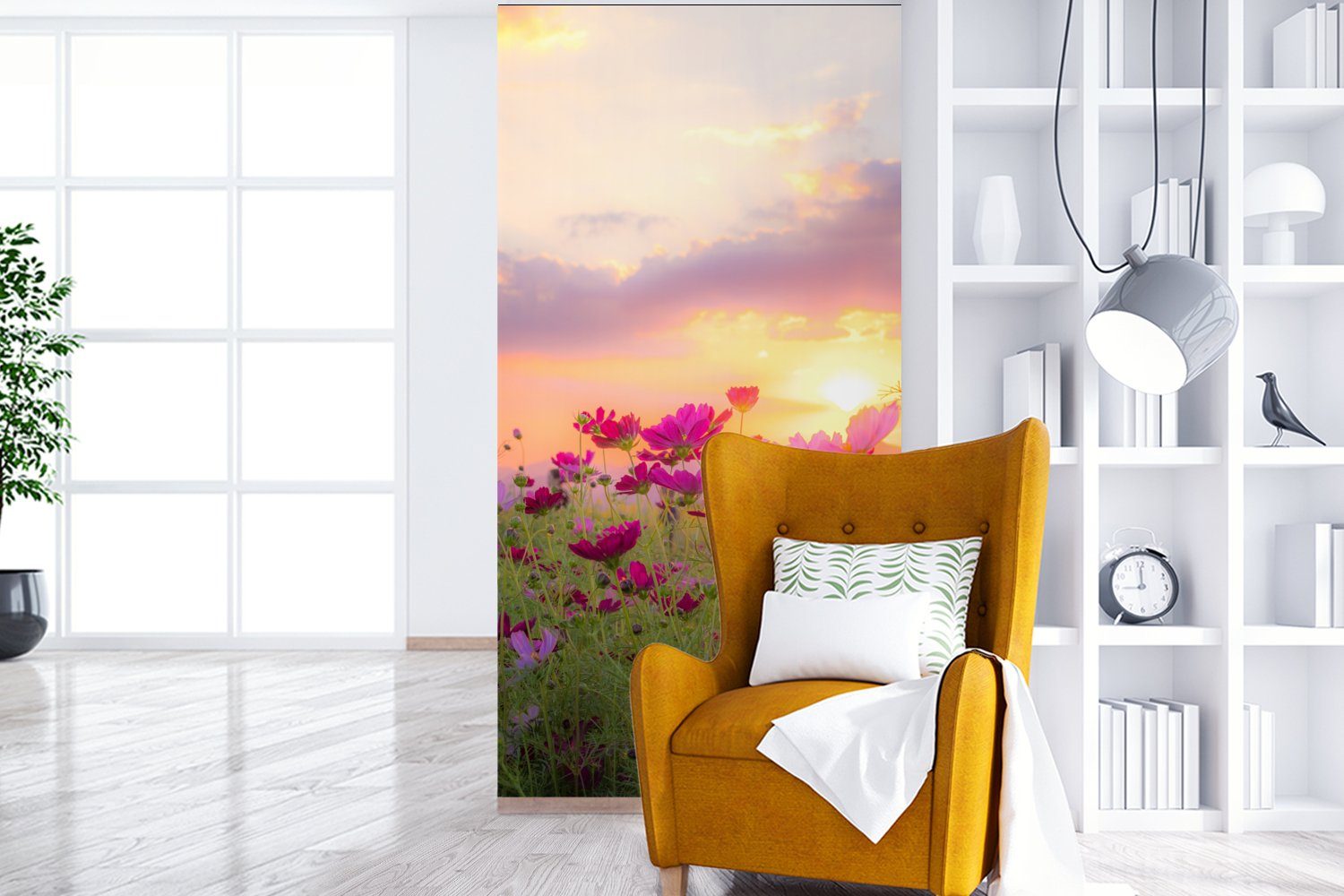 - Sonnenuntergang (2 Blumen Natur Fototapete Wohnzimmer - für Fototapete MuchoWow Grün, Vliestapete bedruckt, Matt, Schlafzimmer Küche, - - Rosa St),