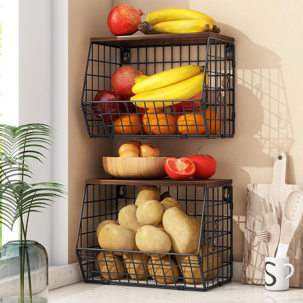 TUWENA Obstschale Obstkorb Hängend, Obst Gemüse Aufbewahrung, Wand Stapelbar Obstschale, (2-tlg), Mit Holzdeckel und Haken, zur Aufbewahrung Von Gemüse, Obst Und Snack