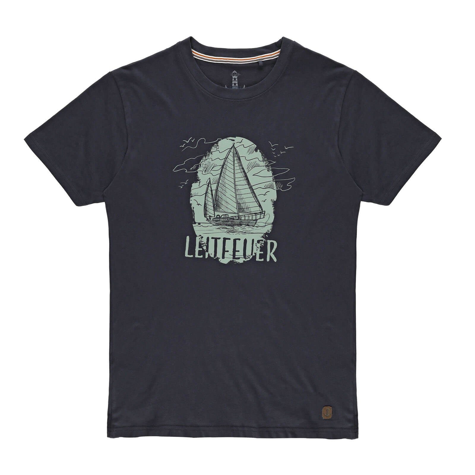 Rundhalsausschnitt T-Shirt Herren mit Front-Print Segelschiff Leitfeuer und navy Sommershirt